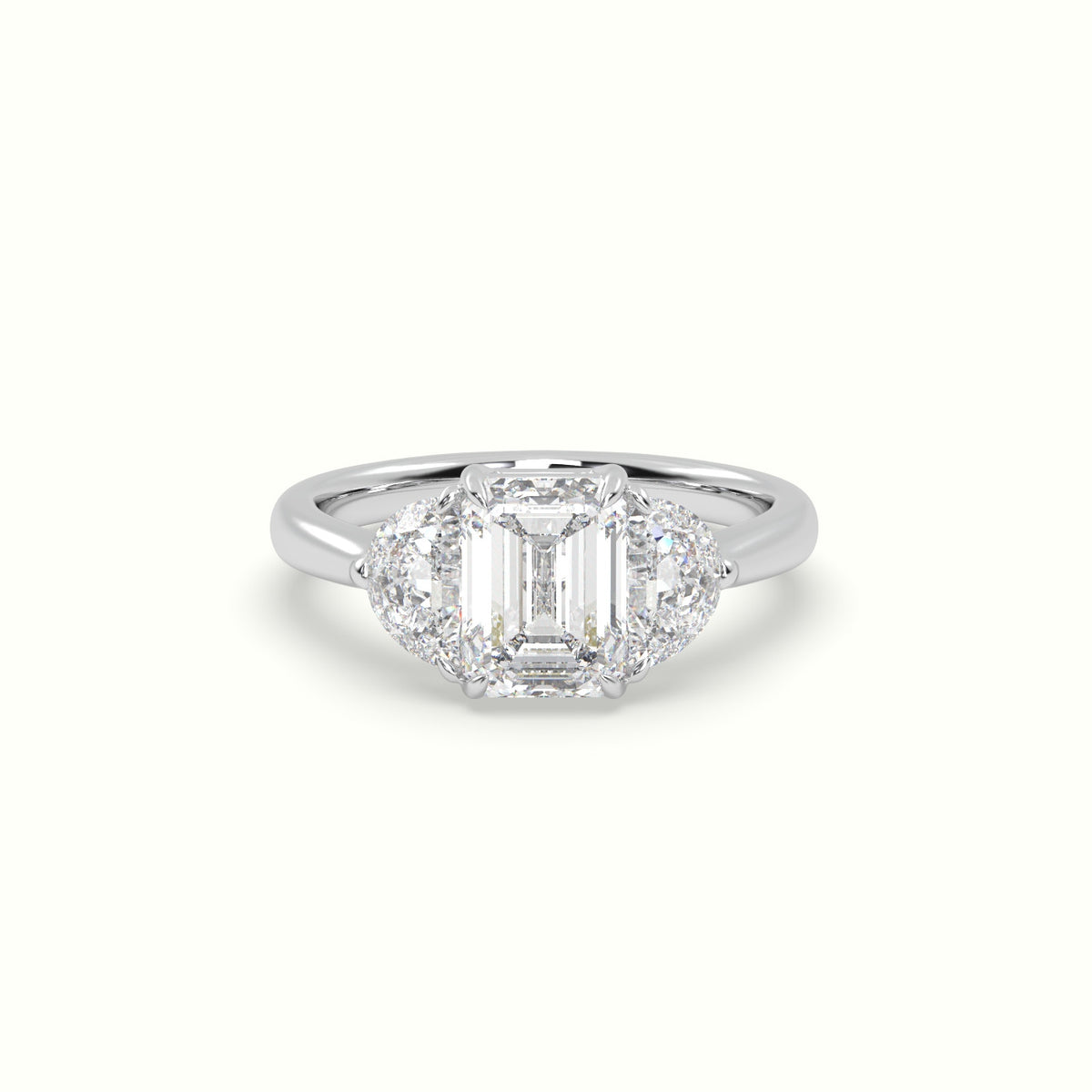 Emerald Diamond Trilogy Half Moon Engagement Ring — White Gold