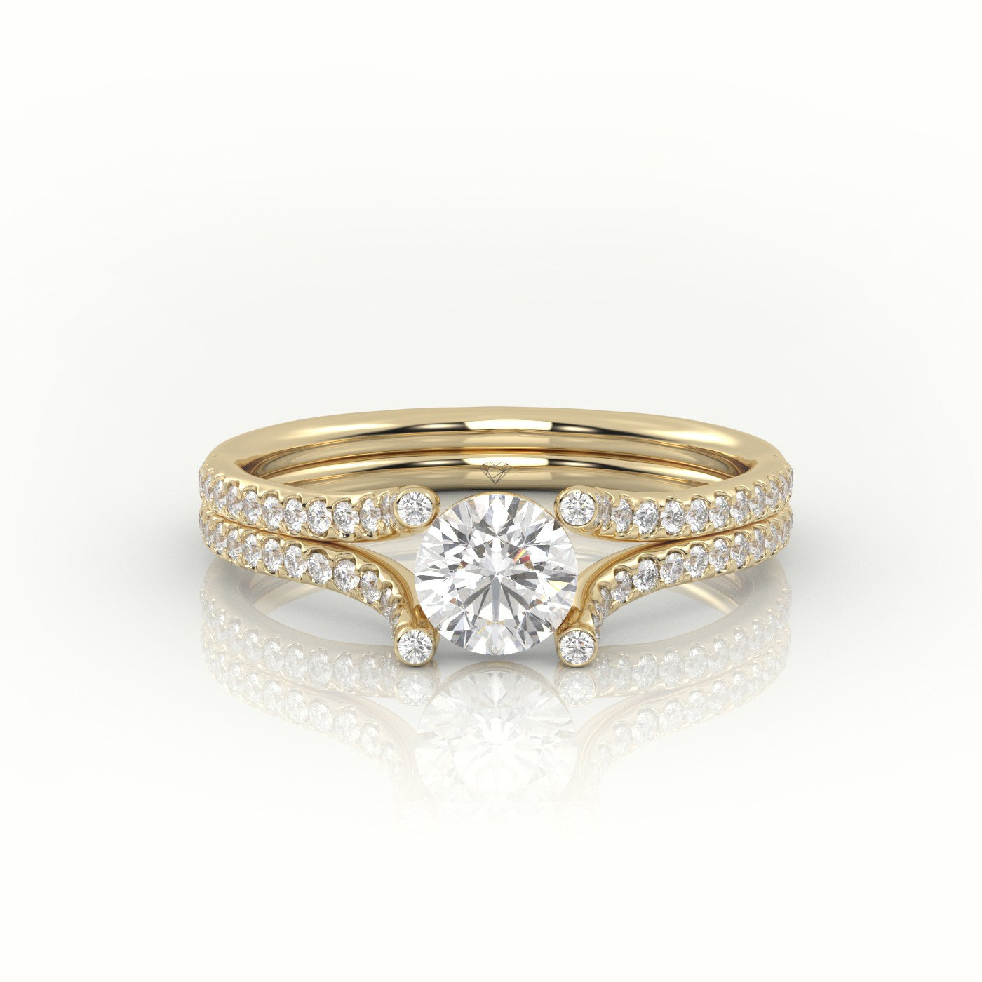 Round Cut Diamond Scallop Setting Designer Engagement Ring — Yellow Gold