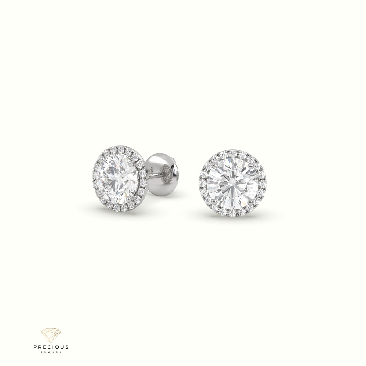 4 Prong Round Lab-Grown Diamond Halo Stud Earrings 18K White Gold