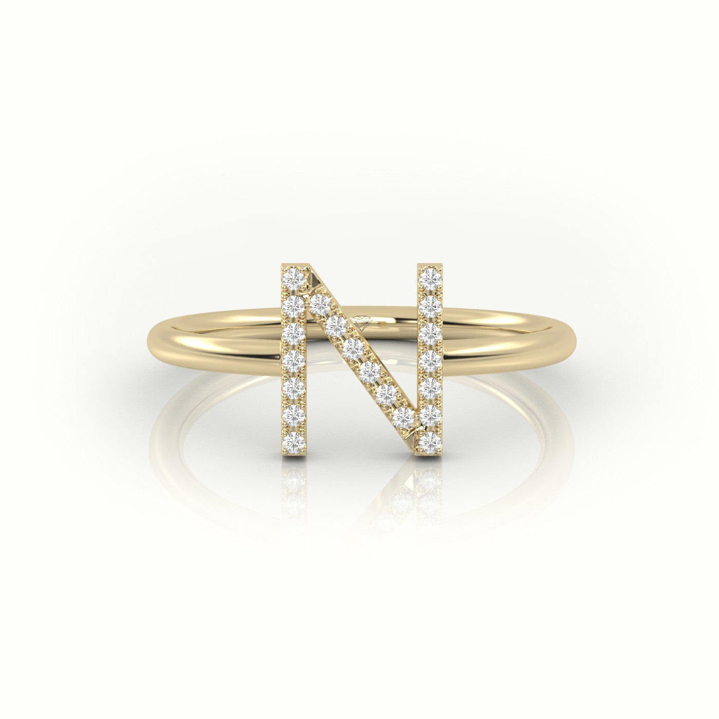 Round Cut Diamonds “N” Initials Monogram Alphabet Ring — Yellow Gold