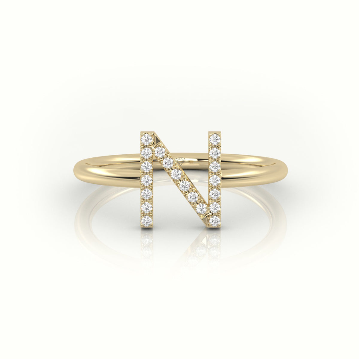 Round Cut Diamonds “N” Initials Monogram Alphabet Ring — Yellow Gold