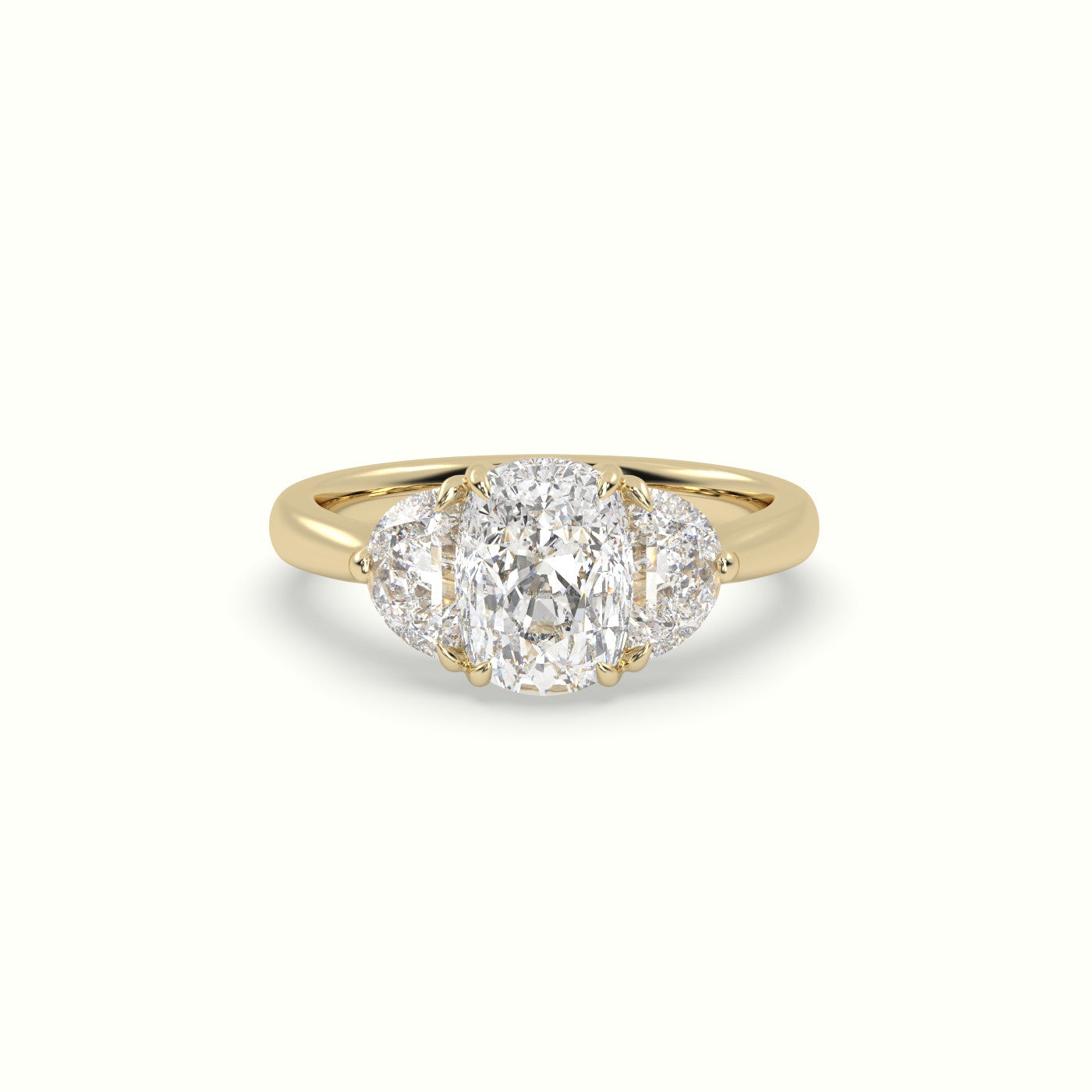 Cushion Diamond Trilogy Half Moon Engagement Ring — Yellow Gold