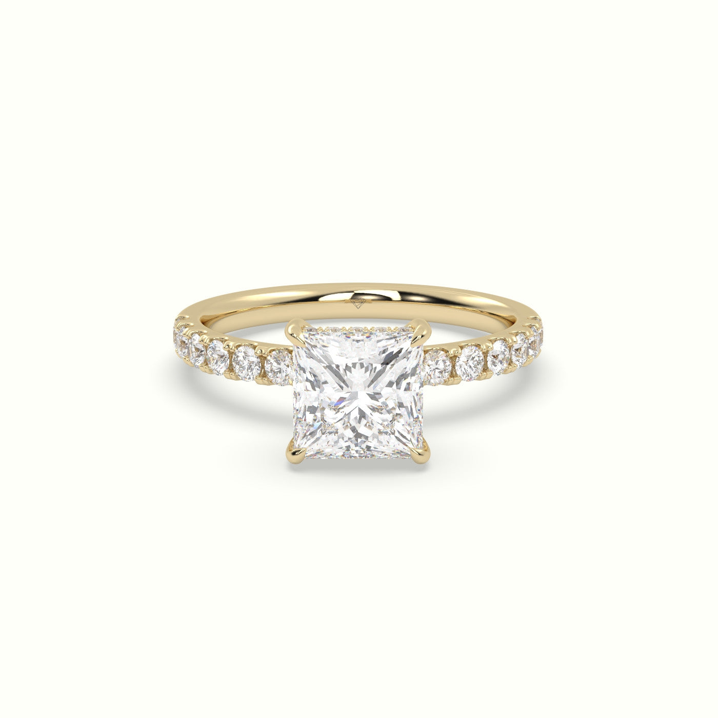 Princess Cut Hidden Halo Side Stone Engagement Ring — Yellow Gold