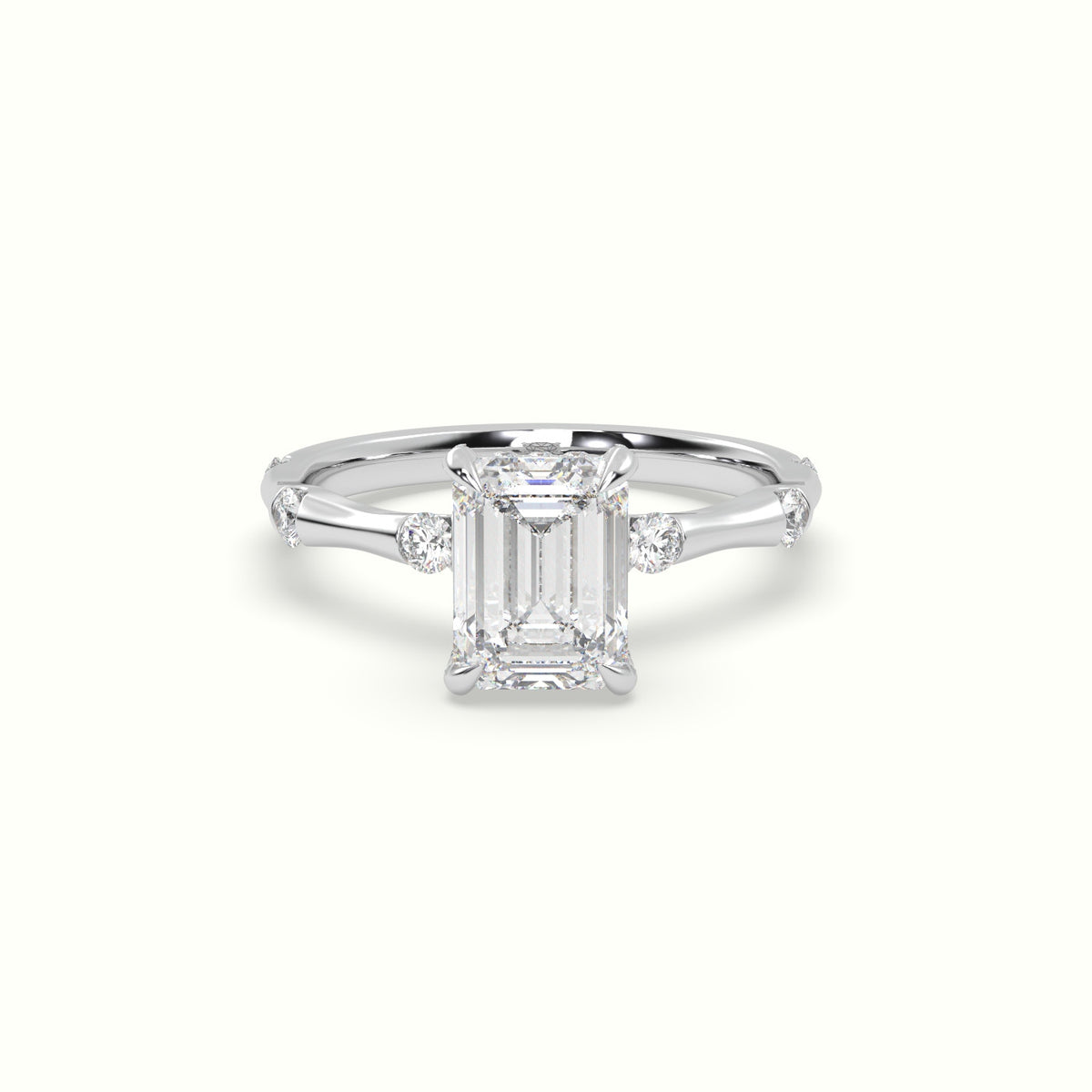 Emerald Diamond Side Stone Engagement Ring — White Gold