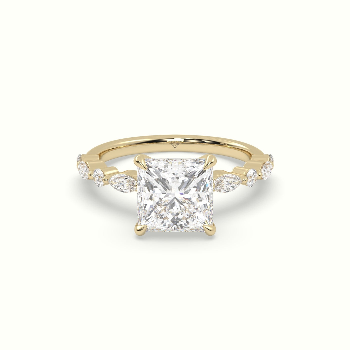 Princess Cut Diamond Engagement Ring With Marquise And Round Side Stones — Yellow Gold