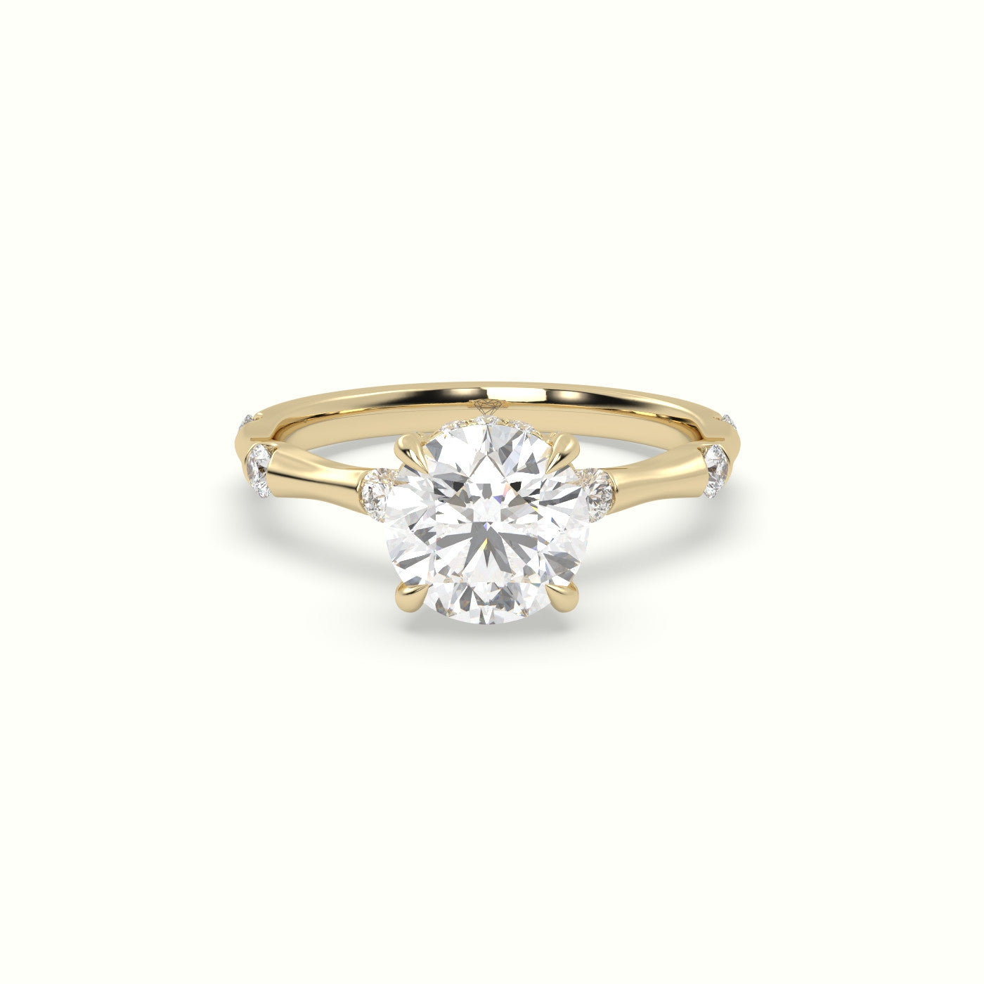 Round Diamond Side Stone Engagement Ring — Yellow Gold