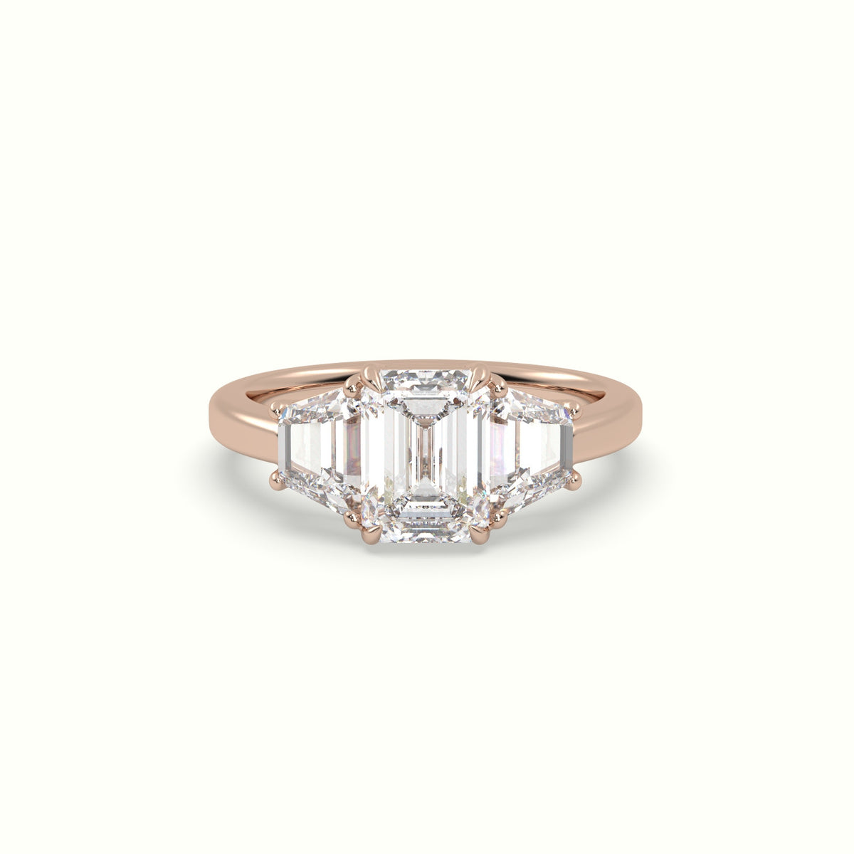 Emerald Diamond Trilogy Trapezium Engagement Ring — Rose Gold