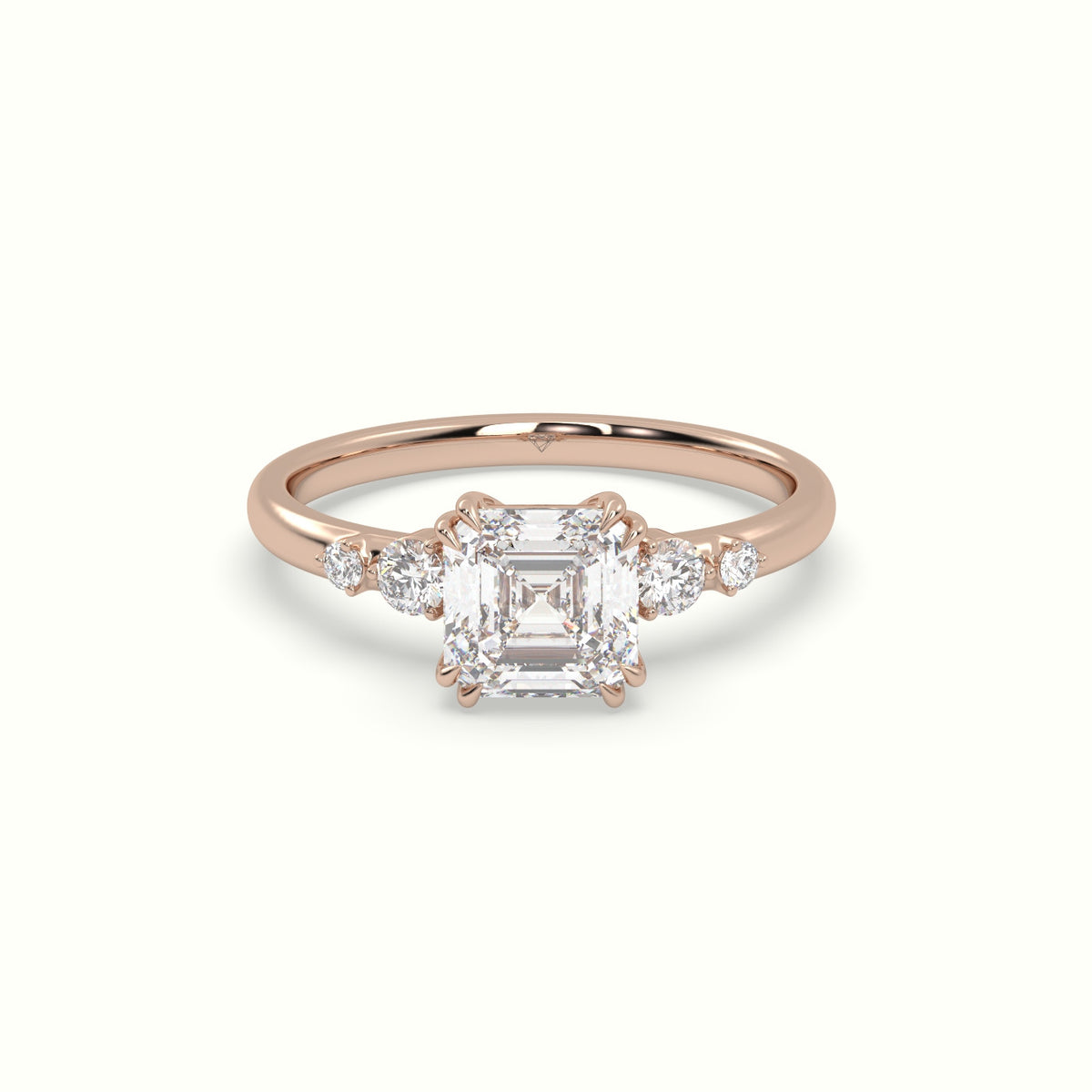 Asscher Diamond Solitaire Side Stone Engagement Ring — Rose Gold