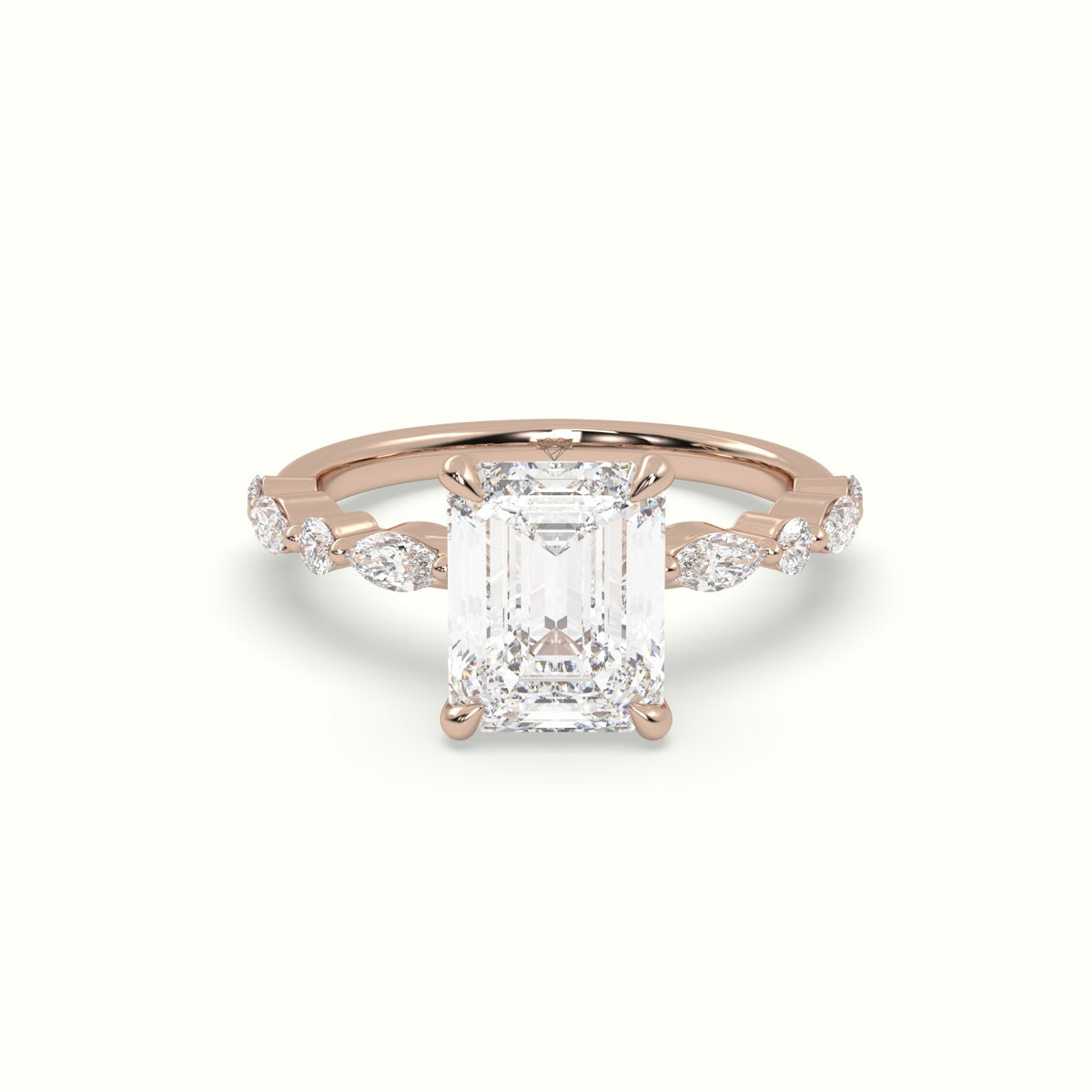 Emerald Cut Diamond Engagement Ring With Marquise And Round Side Stones — Rose Gold