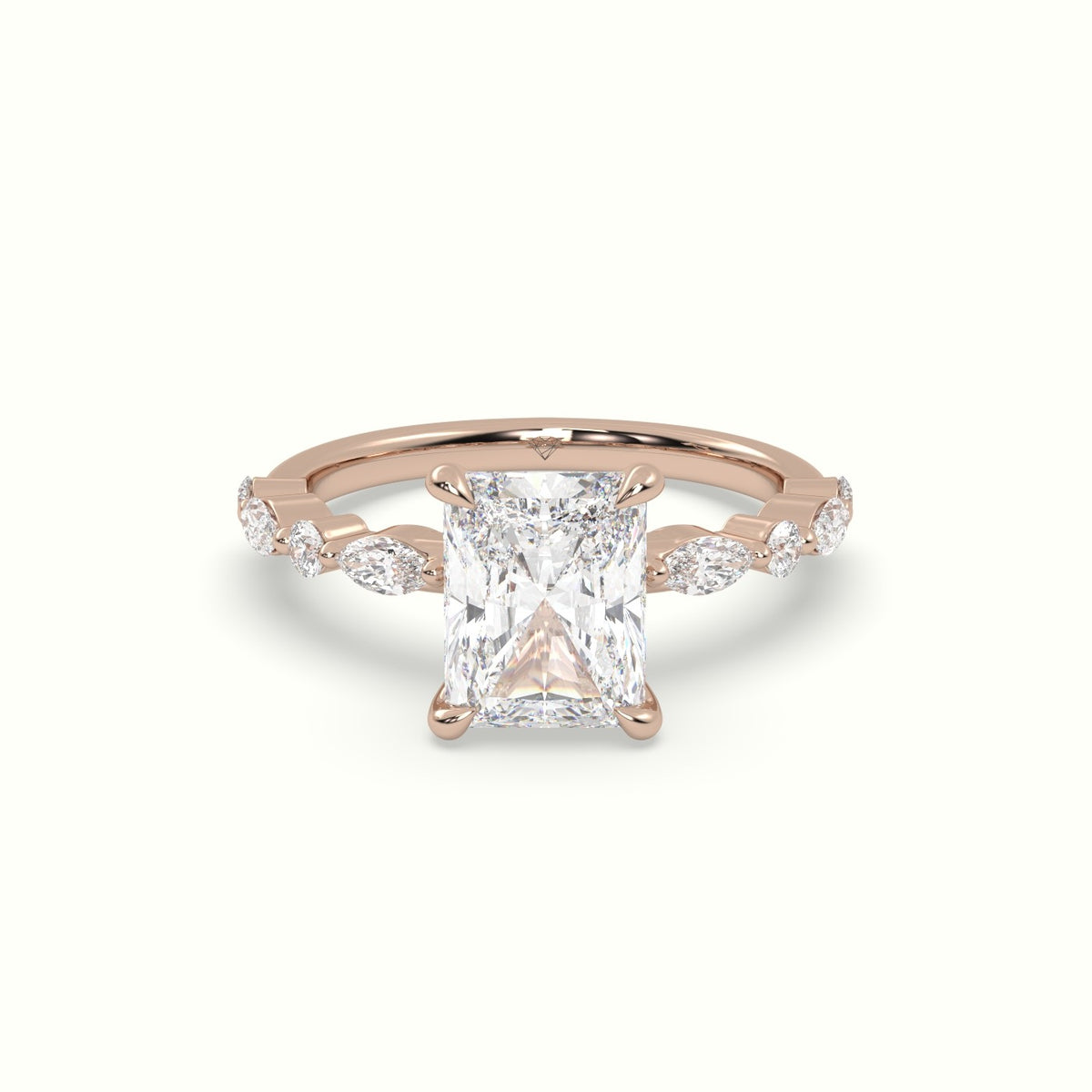Radiant Cut Diamond Engagement Ring With Marquise And Round Side Stones — Rose Gold