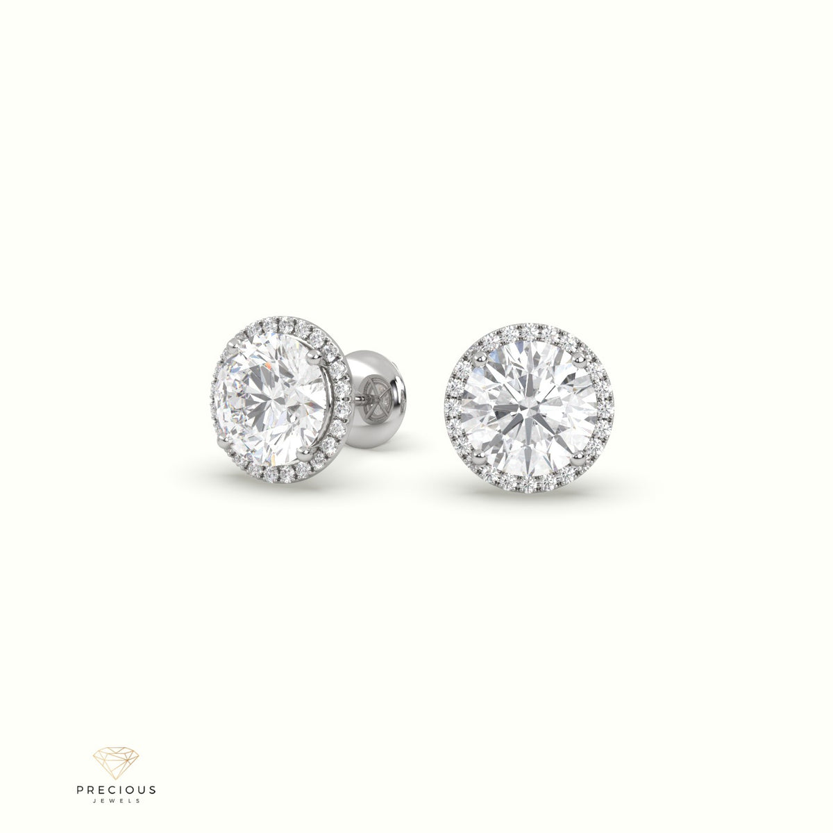4 Prong Round Lab-Grown Diamond Halo Stud Earrings 18K White Gold