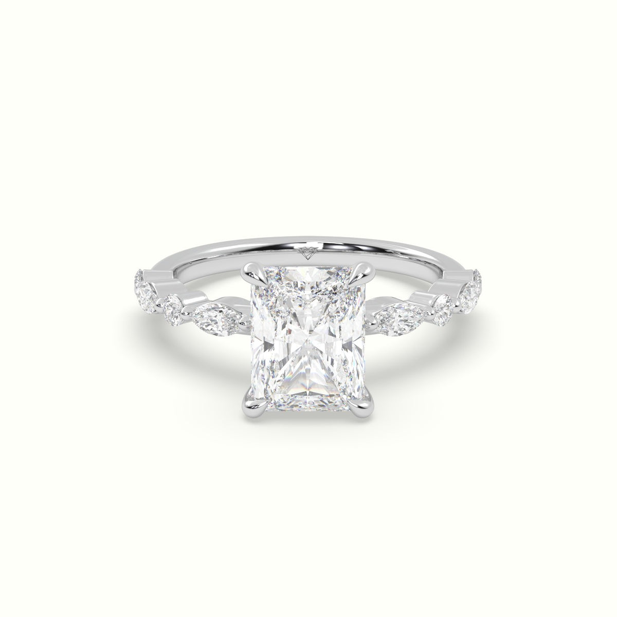 Radiant Cut Diamond Engagement Ring With Marquise And Round Side Stones — White Gold