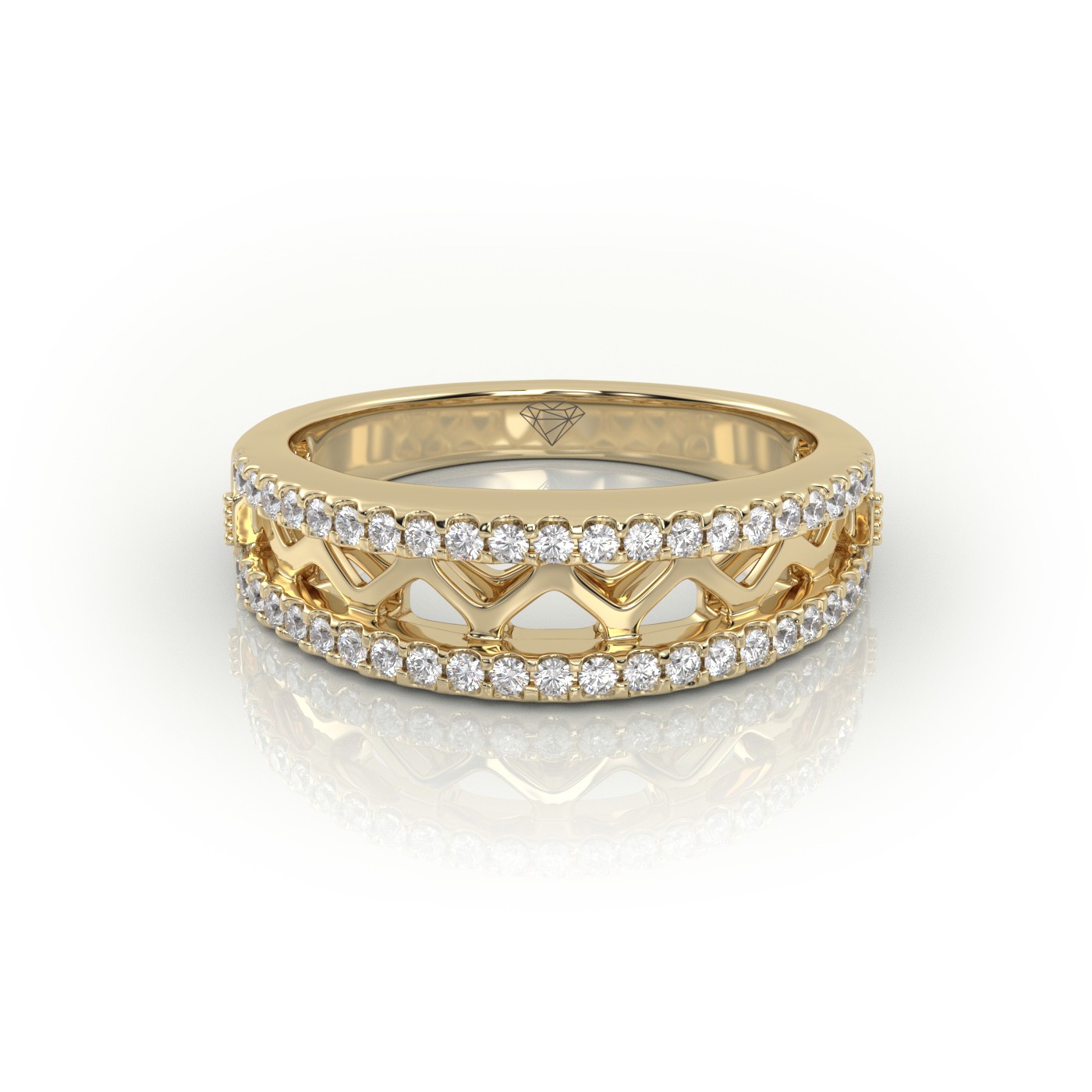 18k yellow gold  round cut scallop set designer diamond wedding band