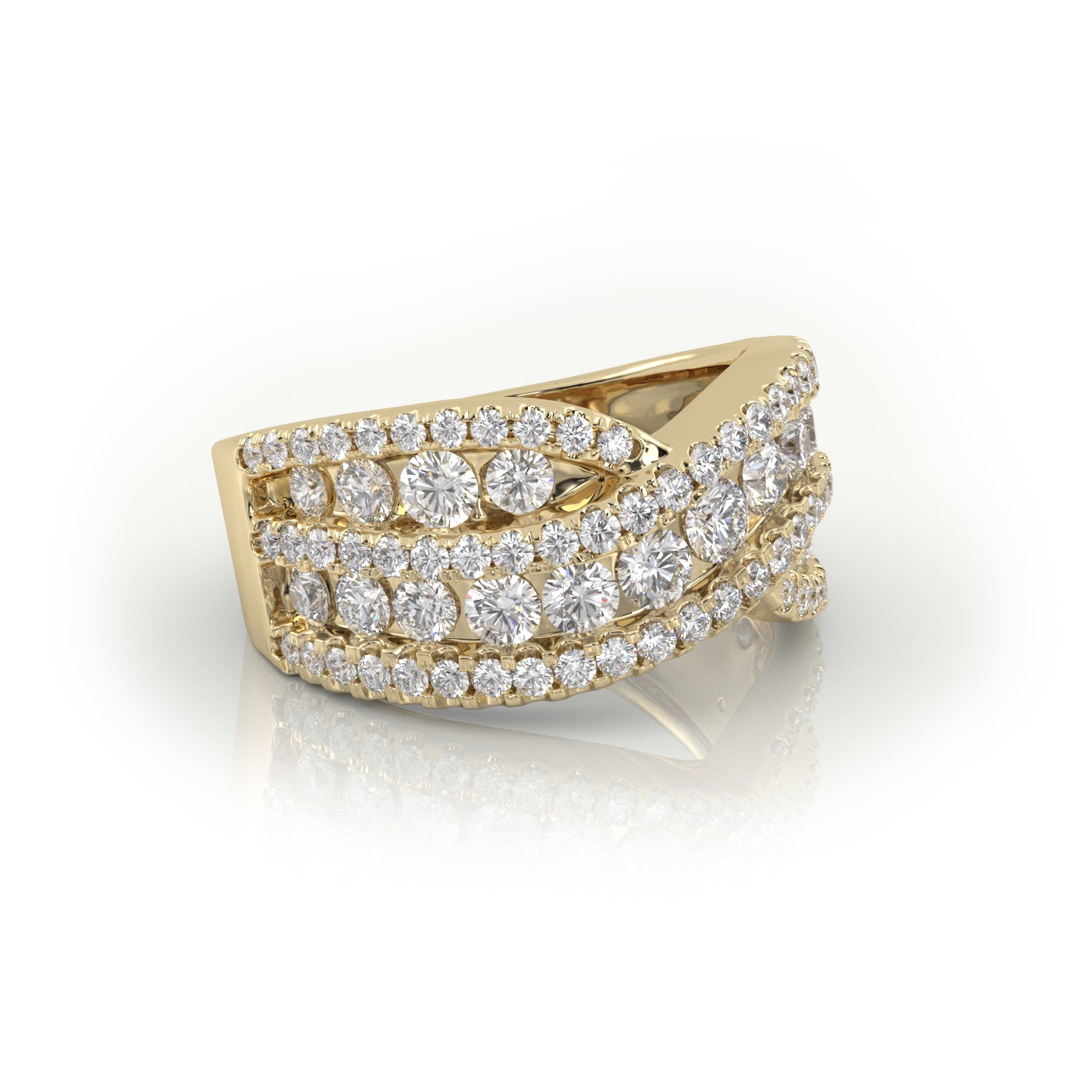 18k yellow gold  round cut scallop set cross designer diamond wedding band Photos & images