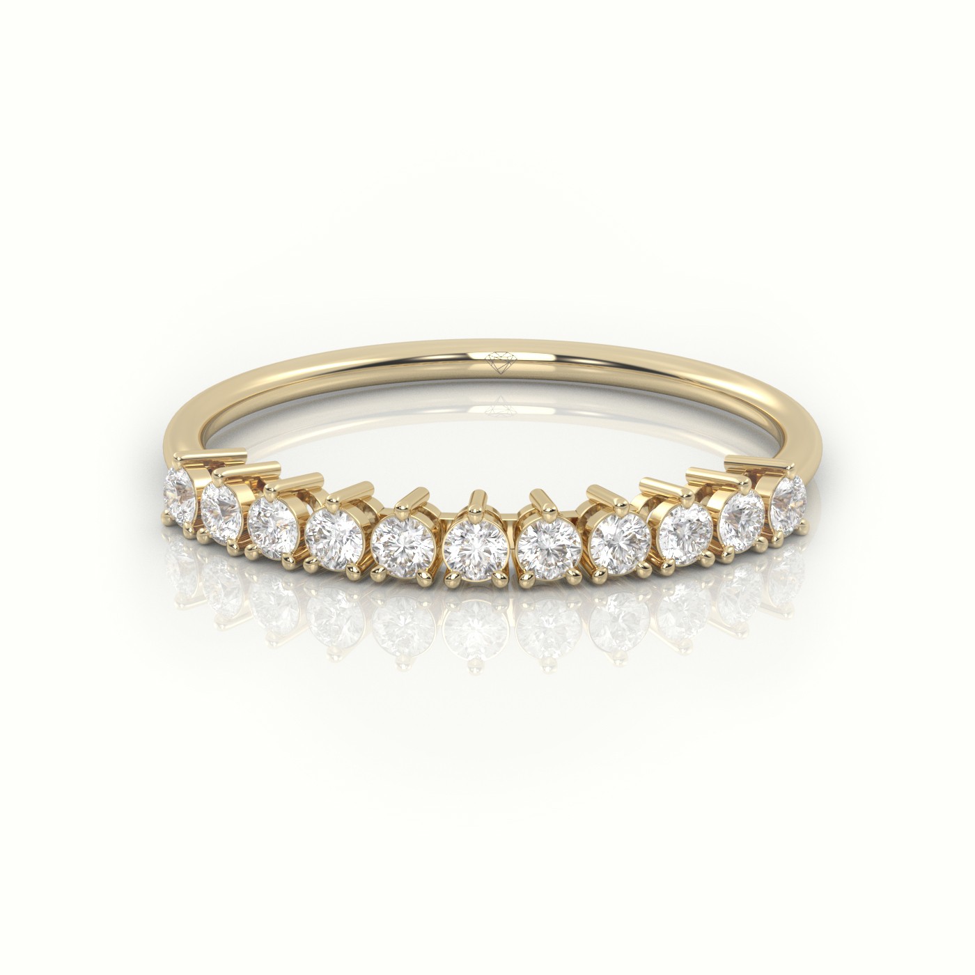 18k yellow gold  round cut diamond shared prongs half eternity wedding band