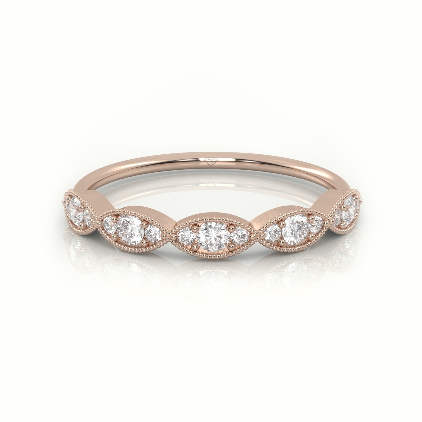 18k rose gold  round cut diamond infinity design milgrain setting ring Photos & images
