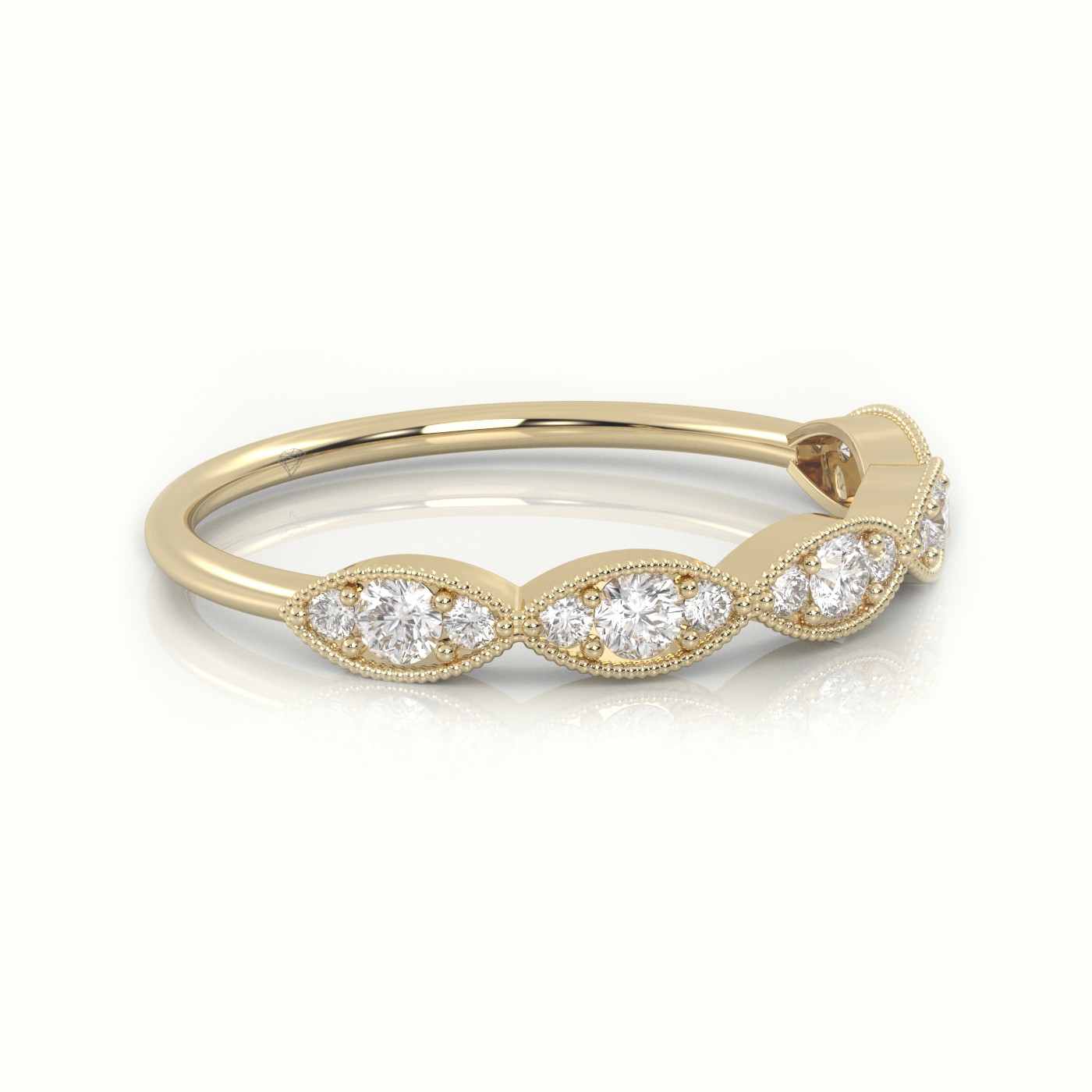18k yellow gold  round cut diamond infinity design milgrain setting ring Photos & images