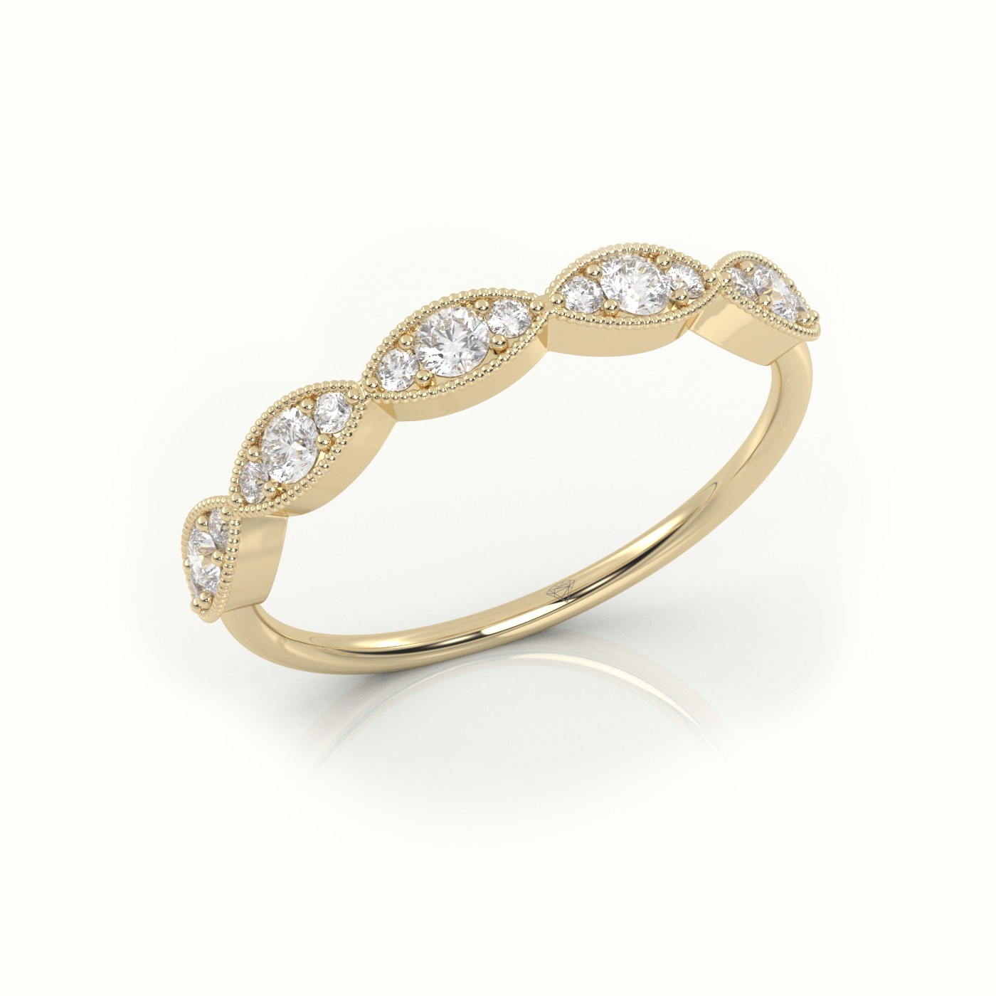 18k yellow gold  round cut diamond infinity design milgrain setting ring Photos & images