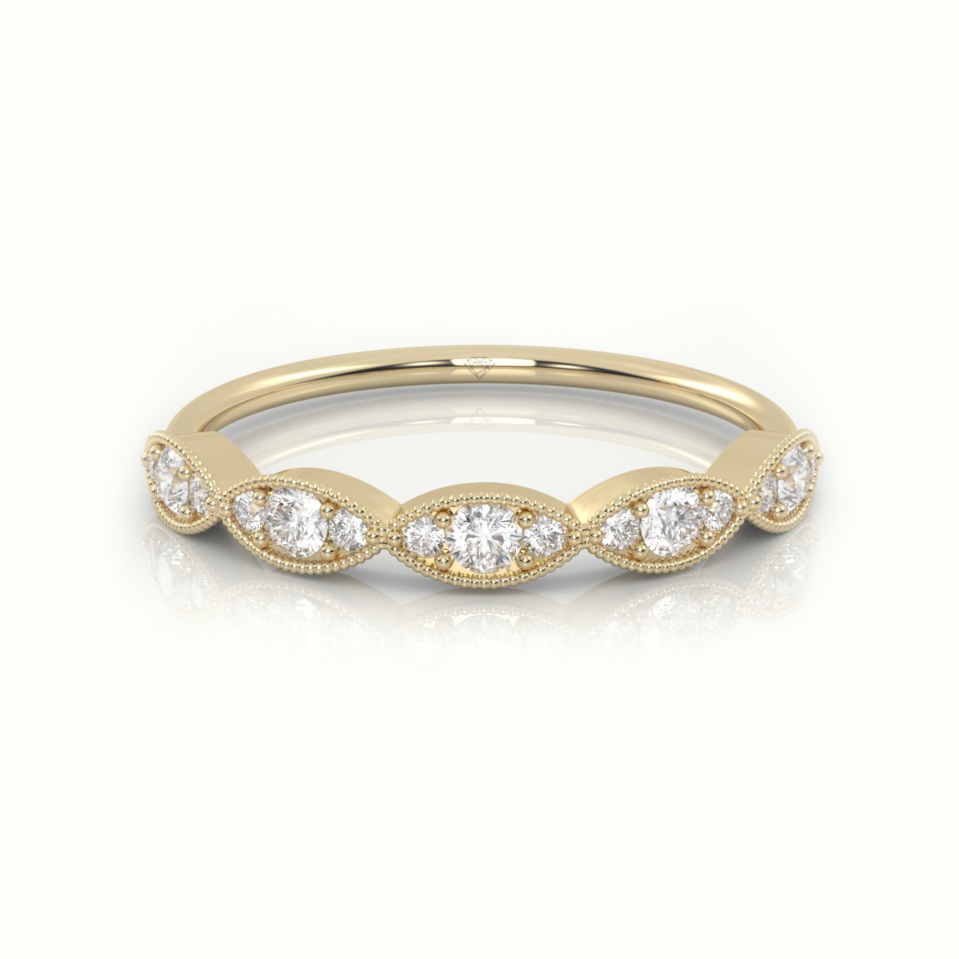 18k yellow gold  round cut diamond infinity design milgrain setting ring