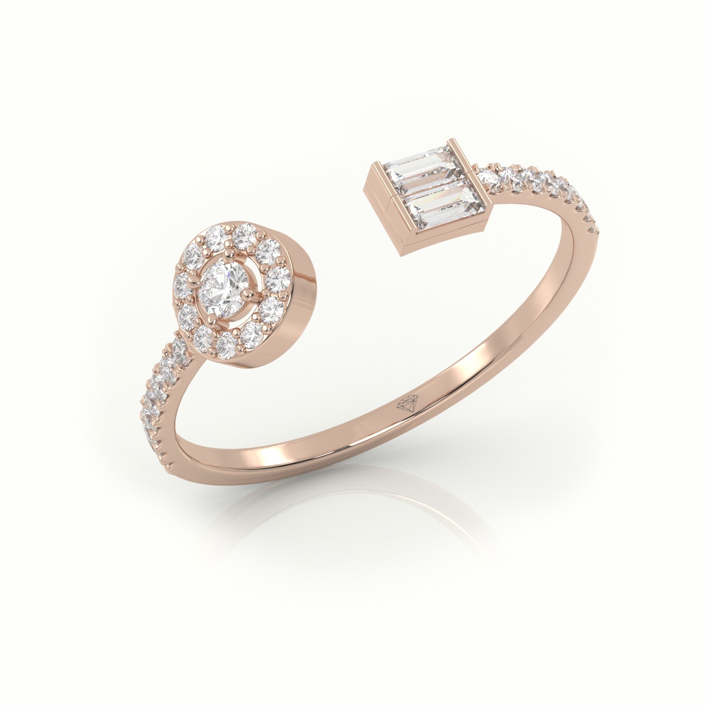 18k rose gold  round & emerald cut diamond open pave setting ring Photos & images