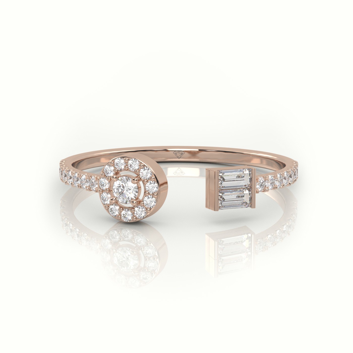18k rose gold  round & emerald cut diamond open pave setting ring Photos & images