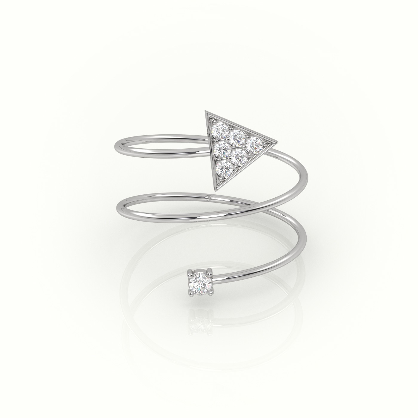 18k white gold  round cut diamond spiraling triangle ring