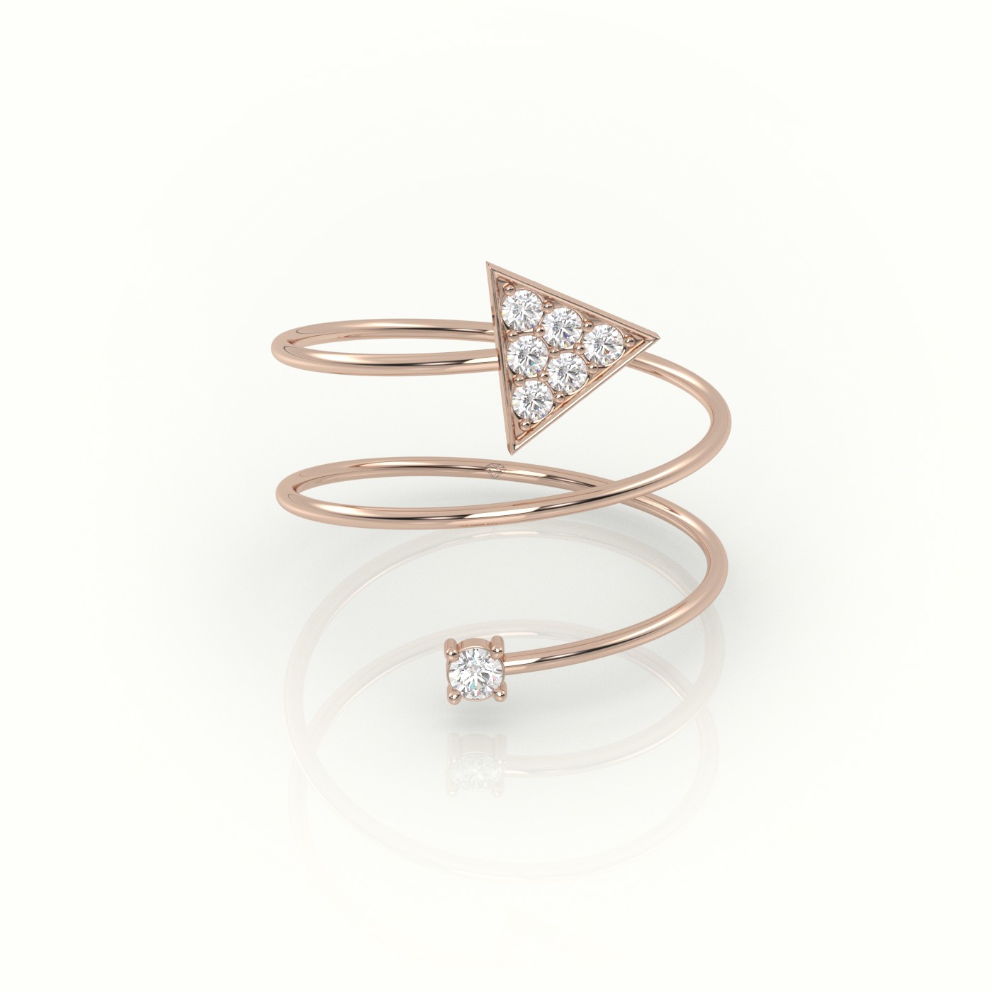 18k rose gold round cut diamond spiraling triangle ring