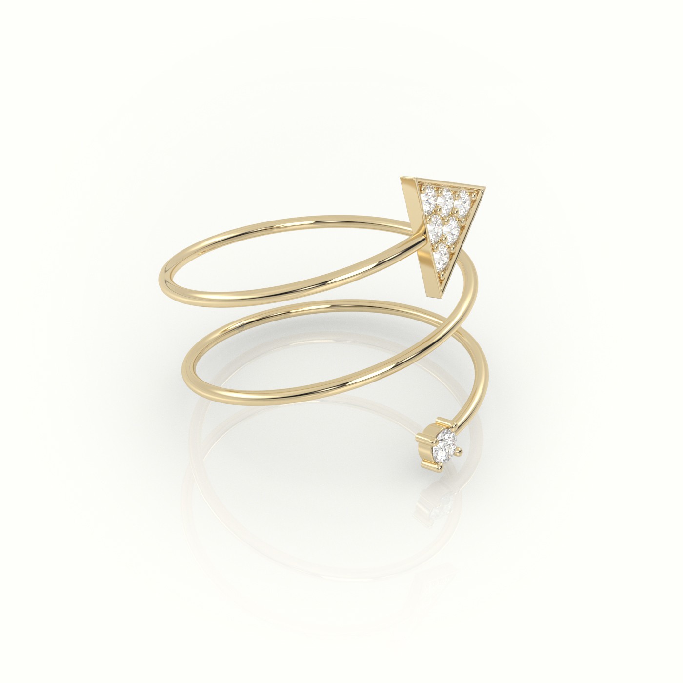 18k yellow gold  round cut diamond spiraling triangle ring Photos & images