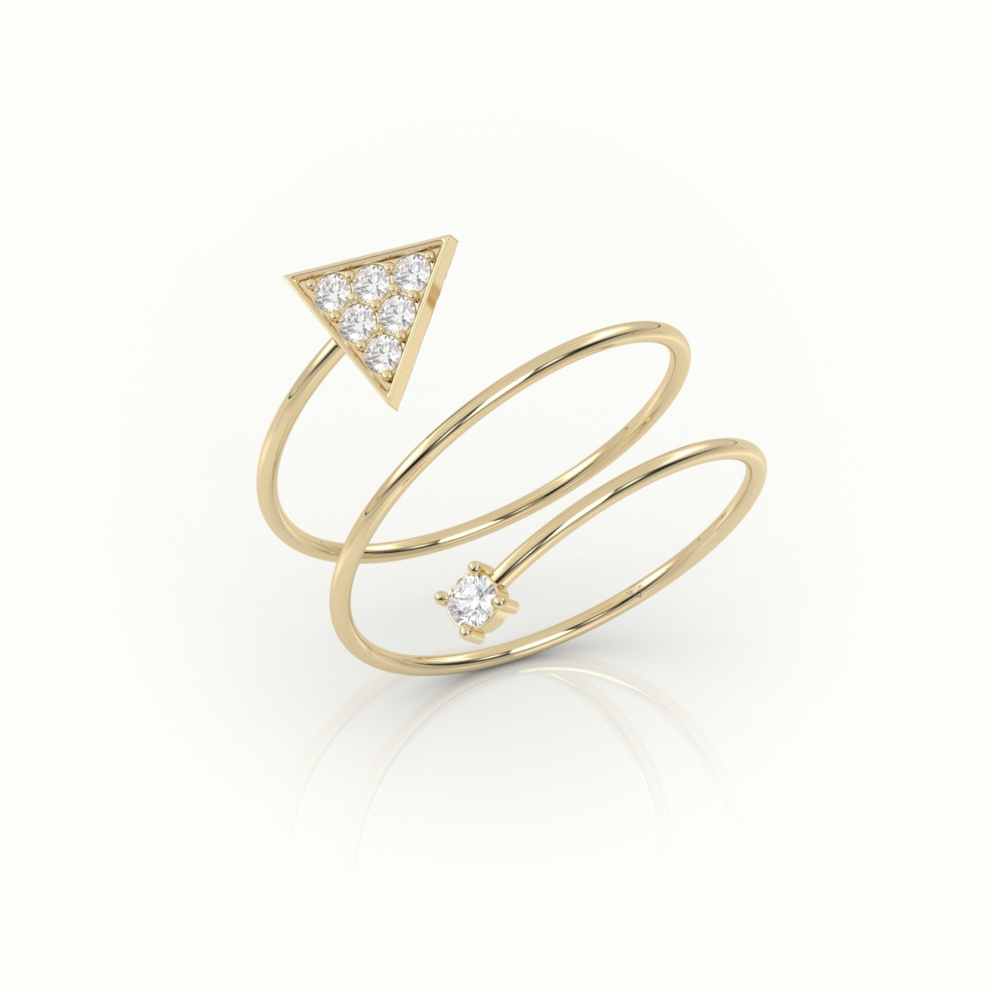 18k yellow gold  round cut diamond spiraling triangle ring Photos & images