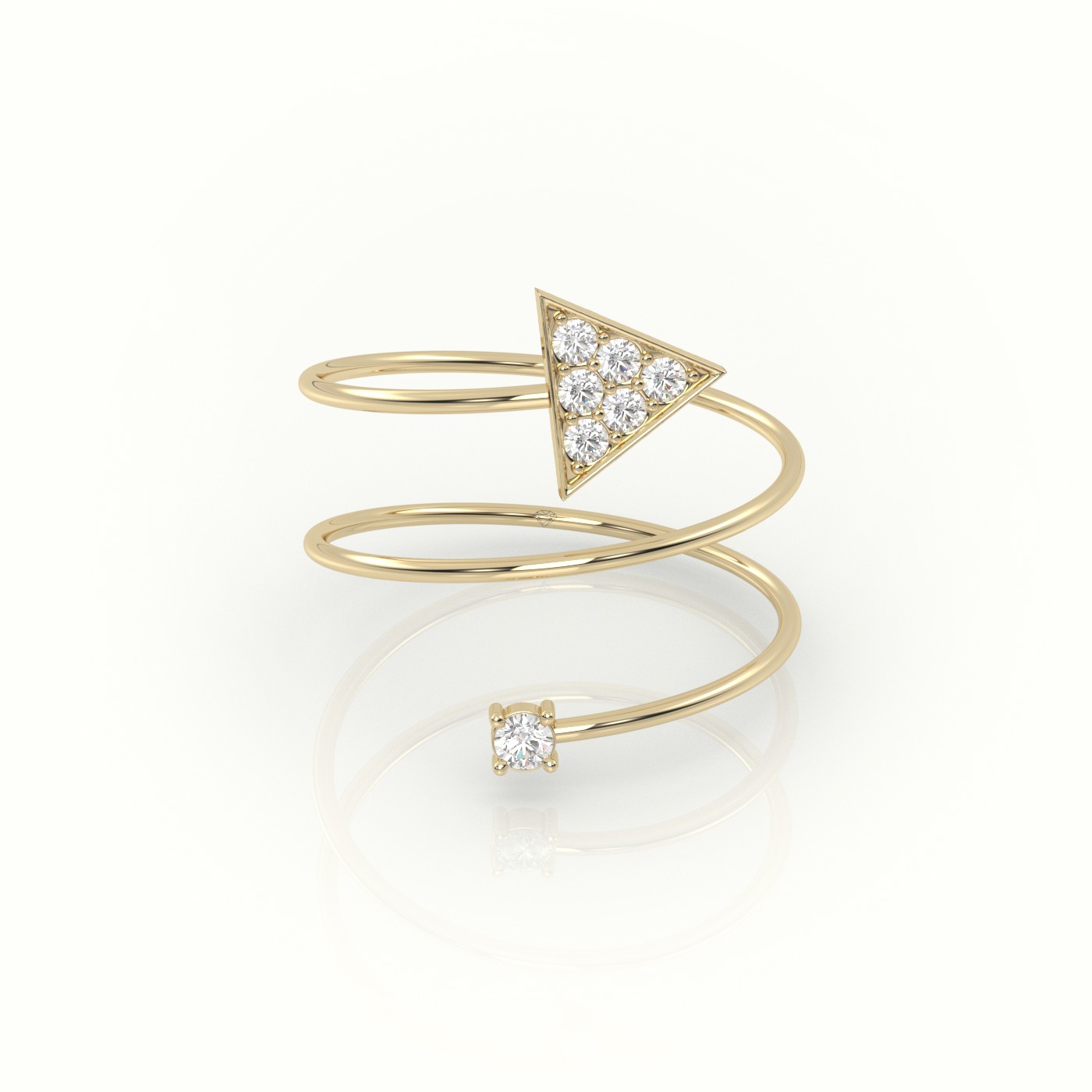 18k yellow gold  round cut diamond spiraling triangle ring