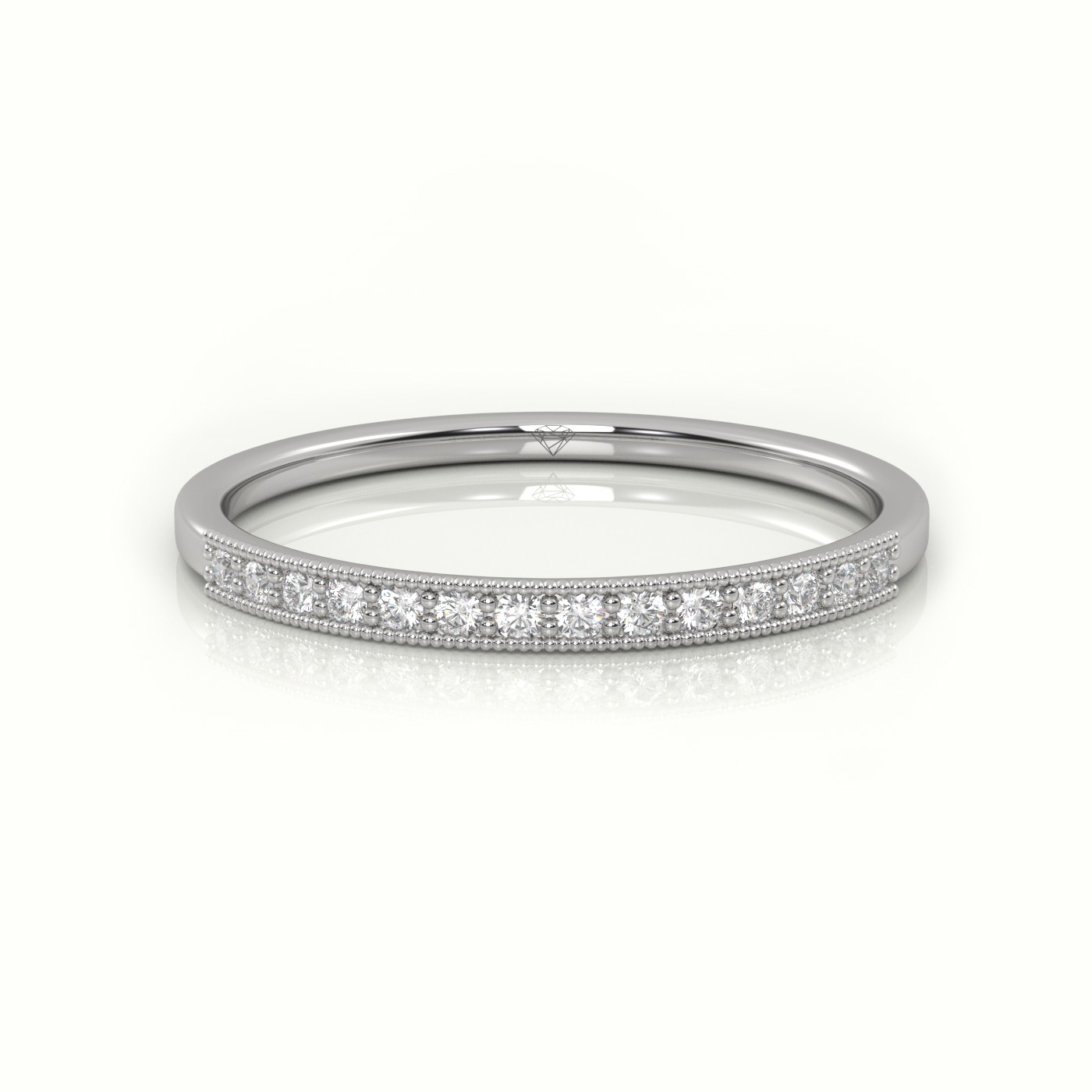 18k white gold  round cut diamond channel milgrain setting designer ring