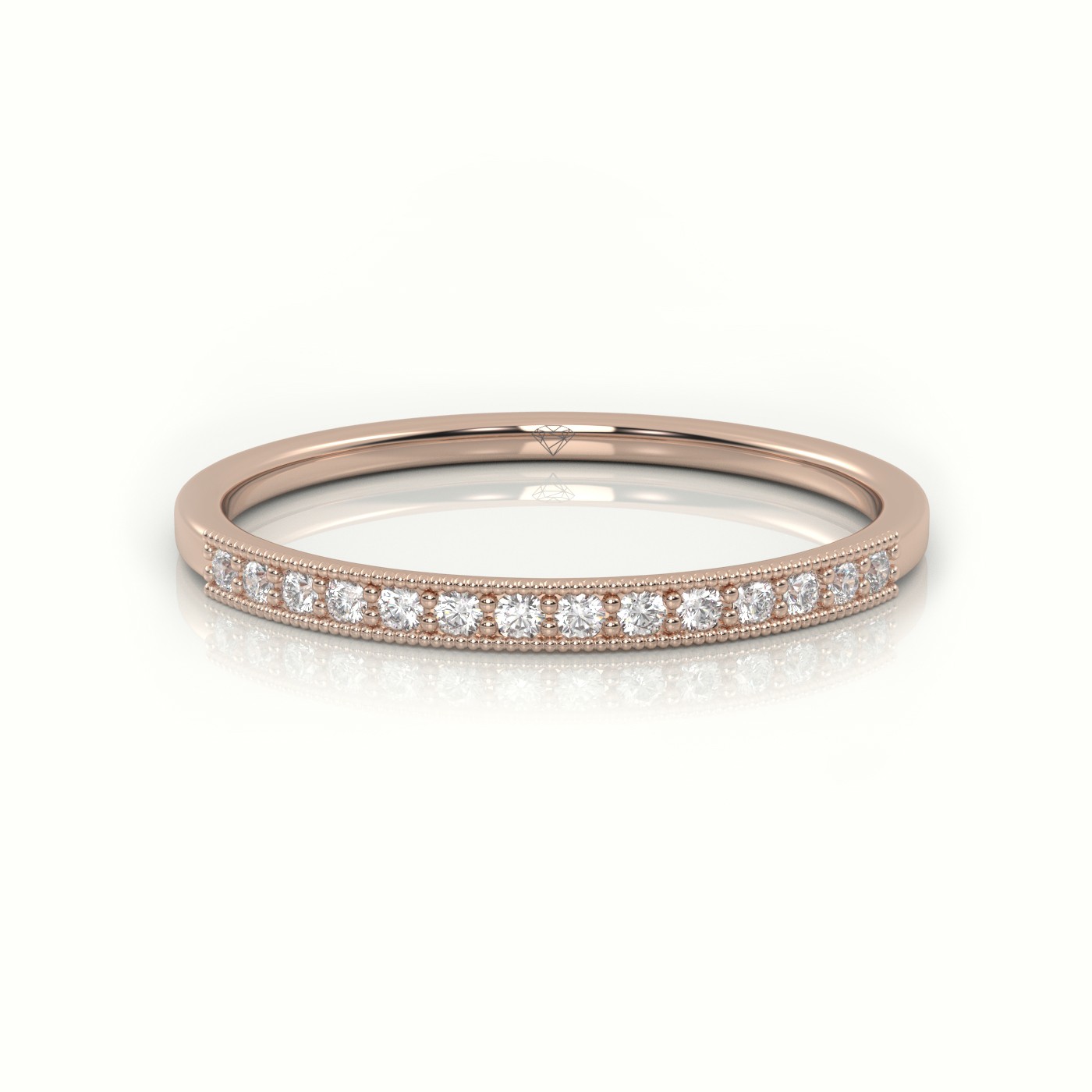 18k rose gold  round cut diamond channel milgrain setting designer ring
