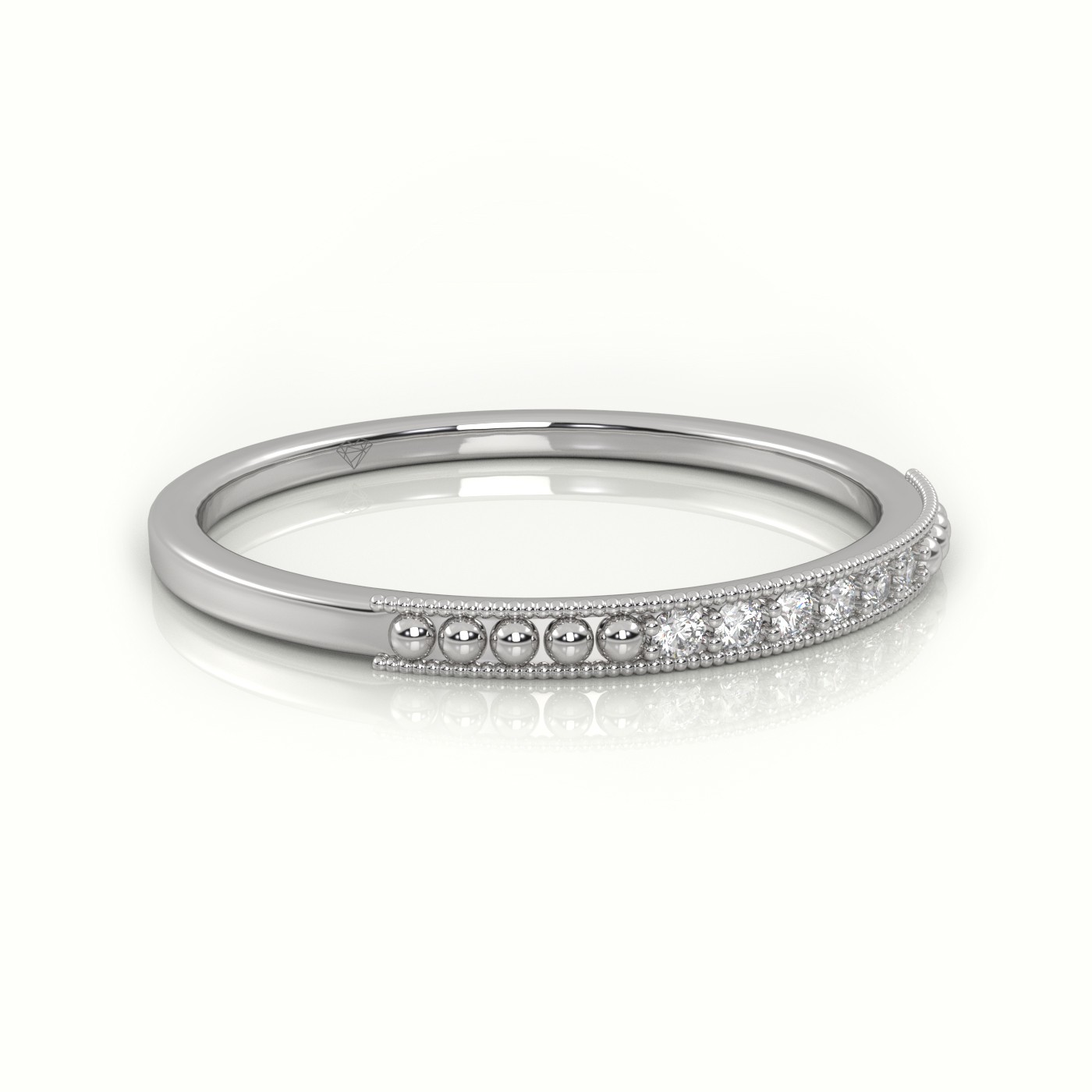 18k white gold  round cut diamond designer milgrain setting half eternity wedding band Photos & images