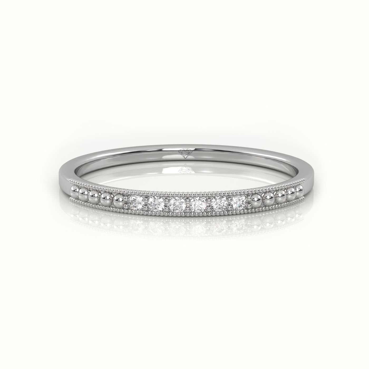 18k white gold  round cut diamond designer milgrain setting half eternity wedding band