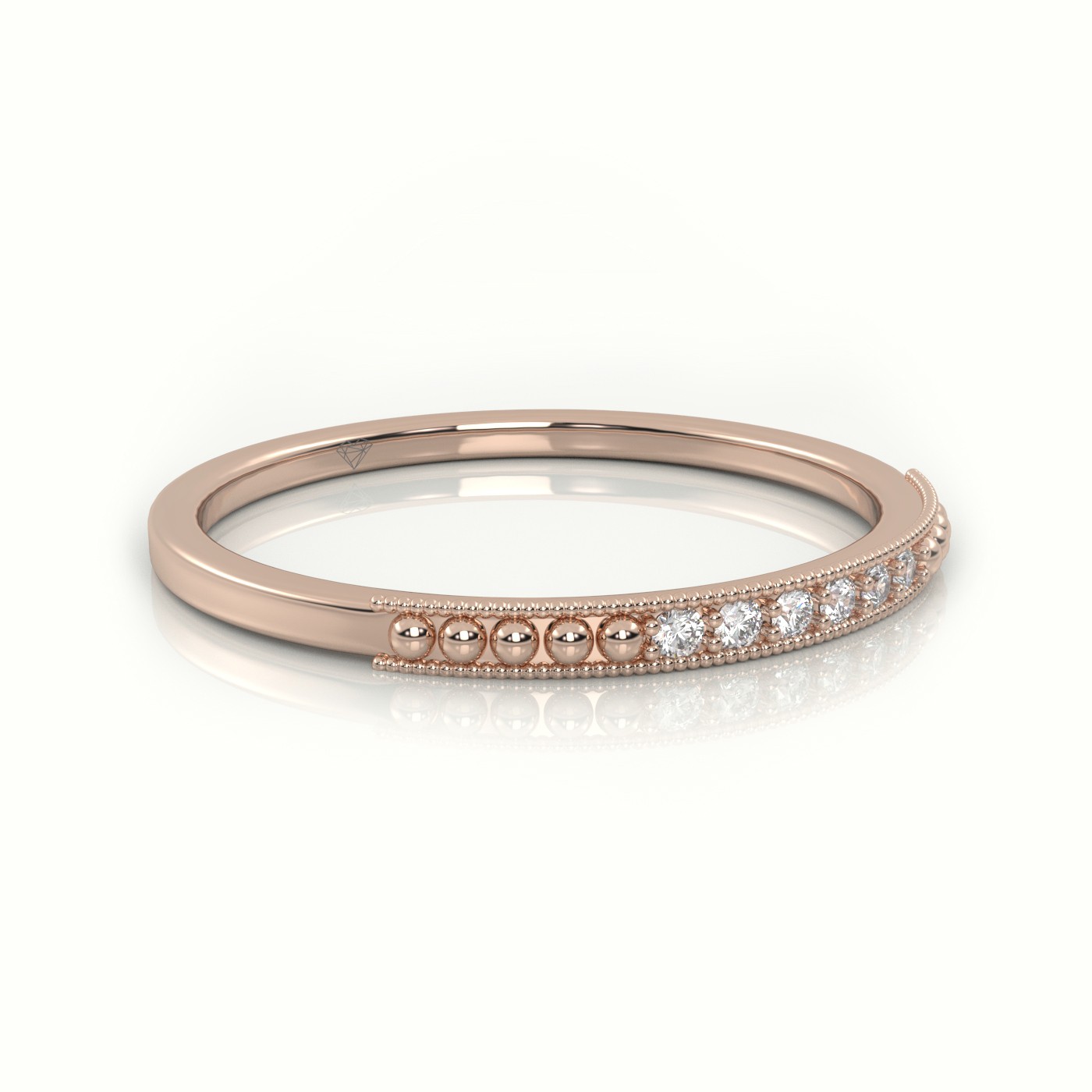 18k rose gold  round cut diamond designer milgrain setting half eternity wedding band Photos & images