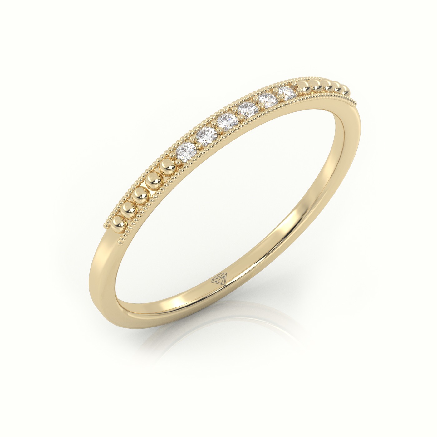 18k yellow gold  round cut diamond designer milgrain setting half eternity wedding band Photos & images