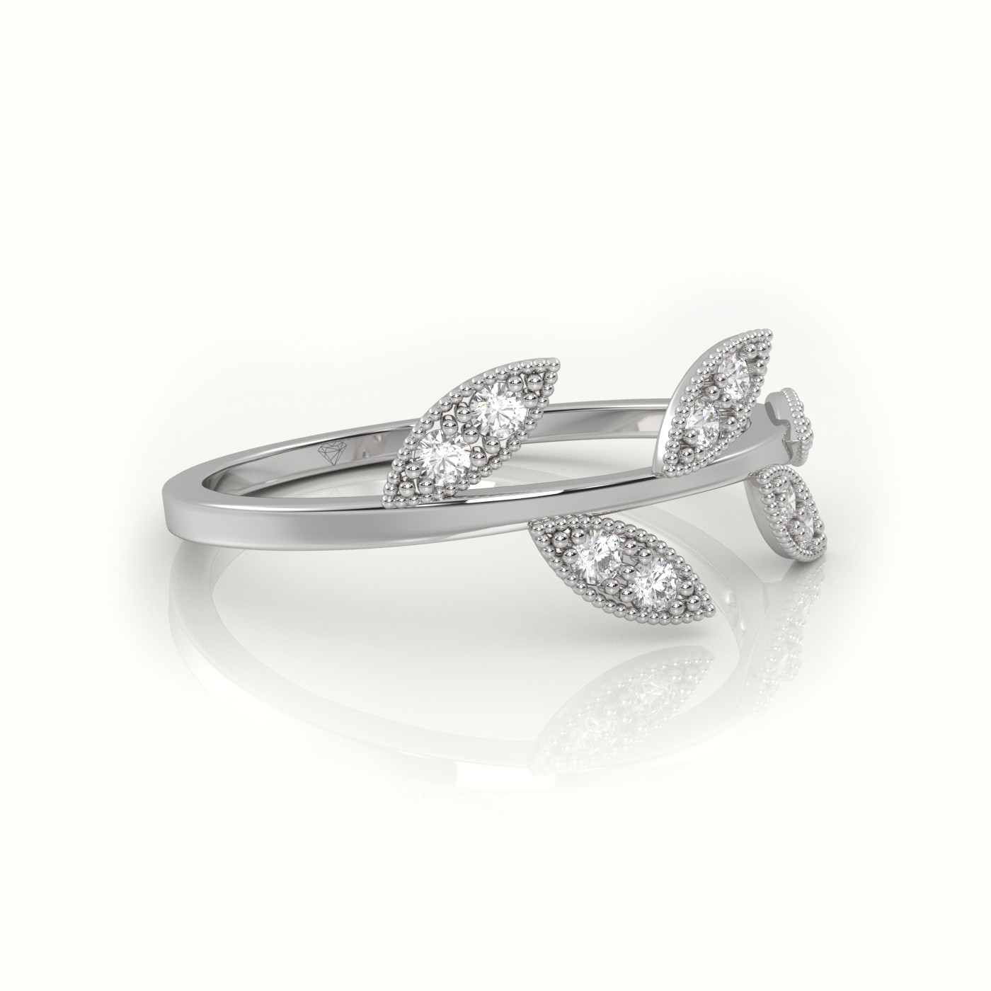 18k white gold  round cut diamond leaf design milgrain setting ring Photos & images