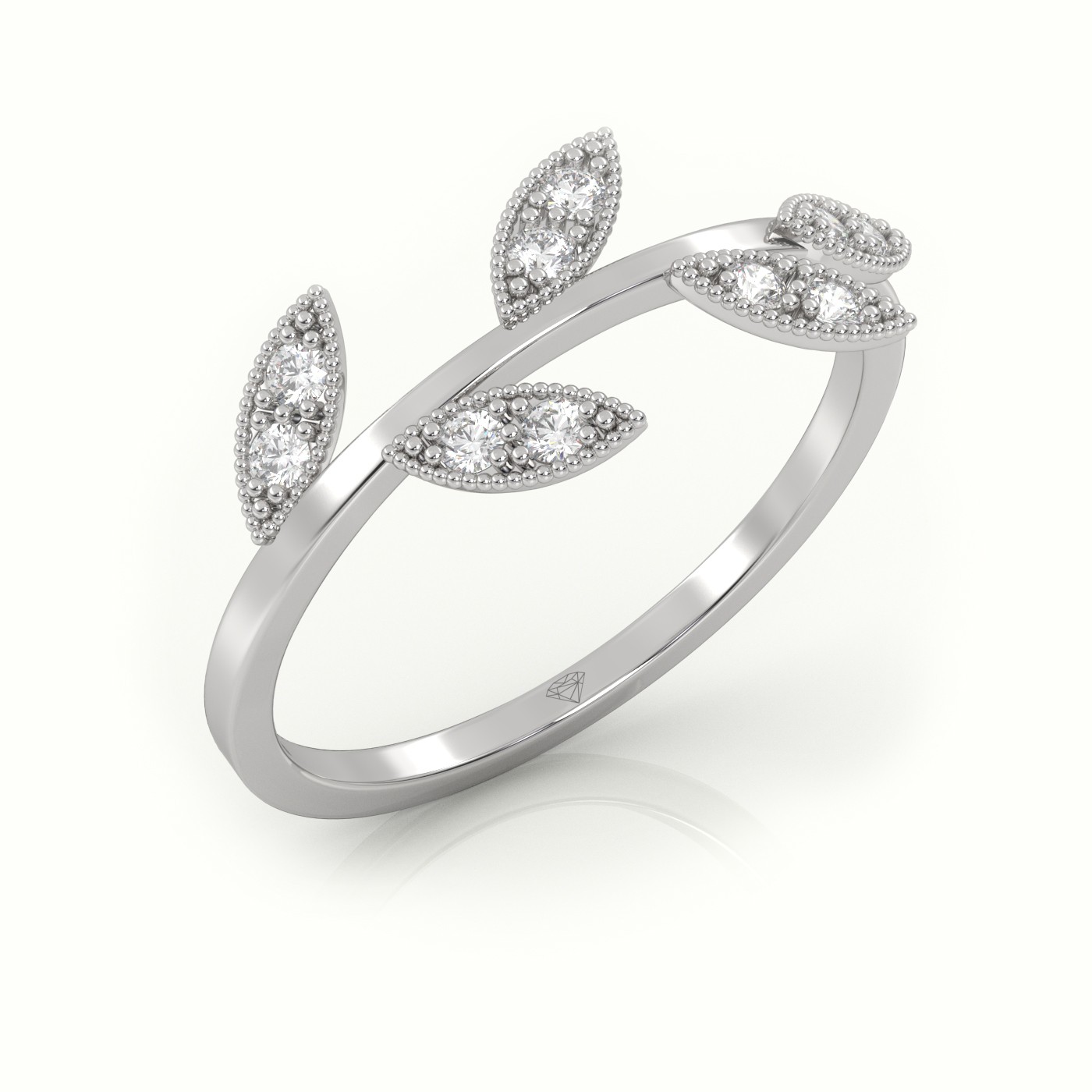 18k white gold  round cut diamond leaf design milgrain setting ring Photos & images