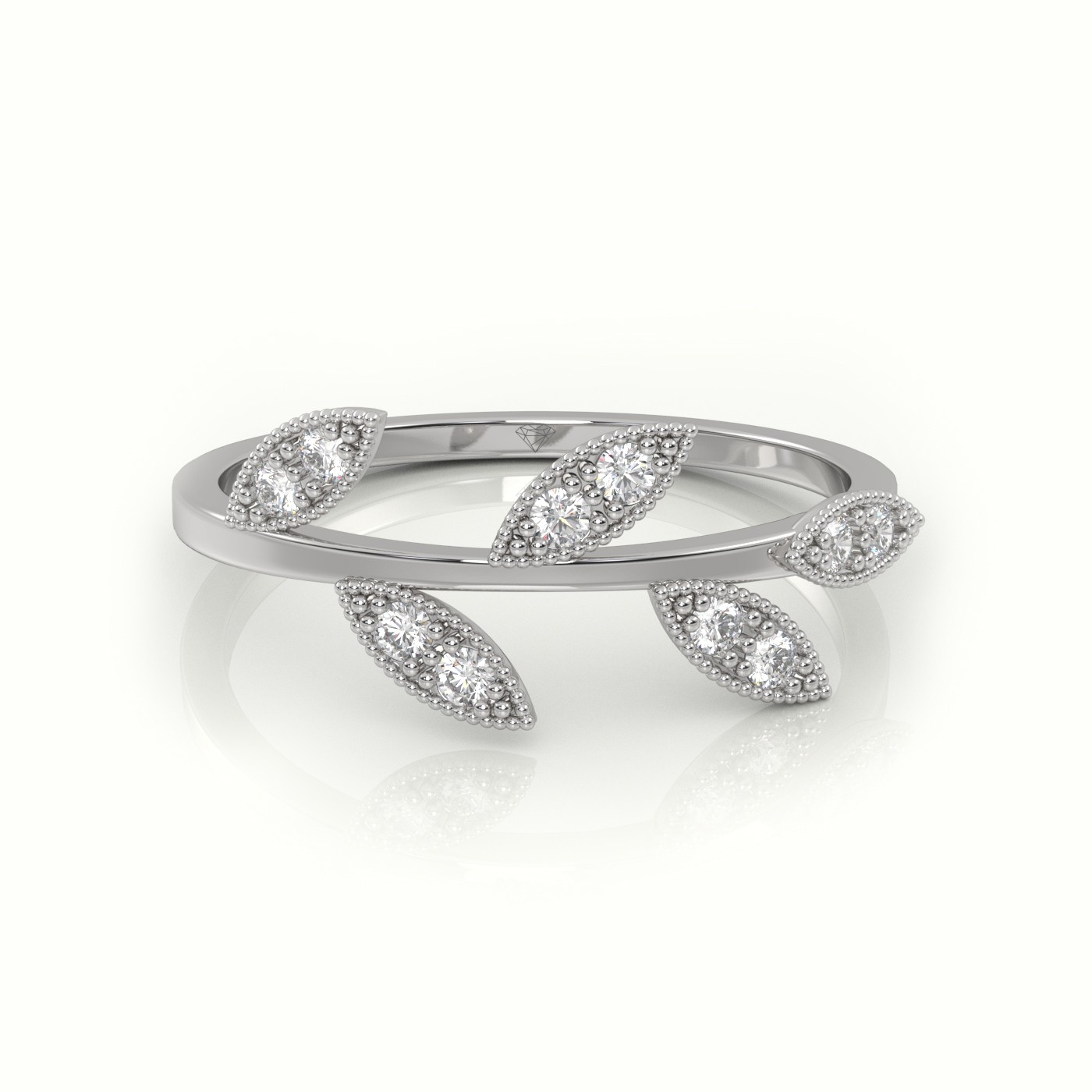 18k white gold  round cut diamond leaf design milgrain setting ring