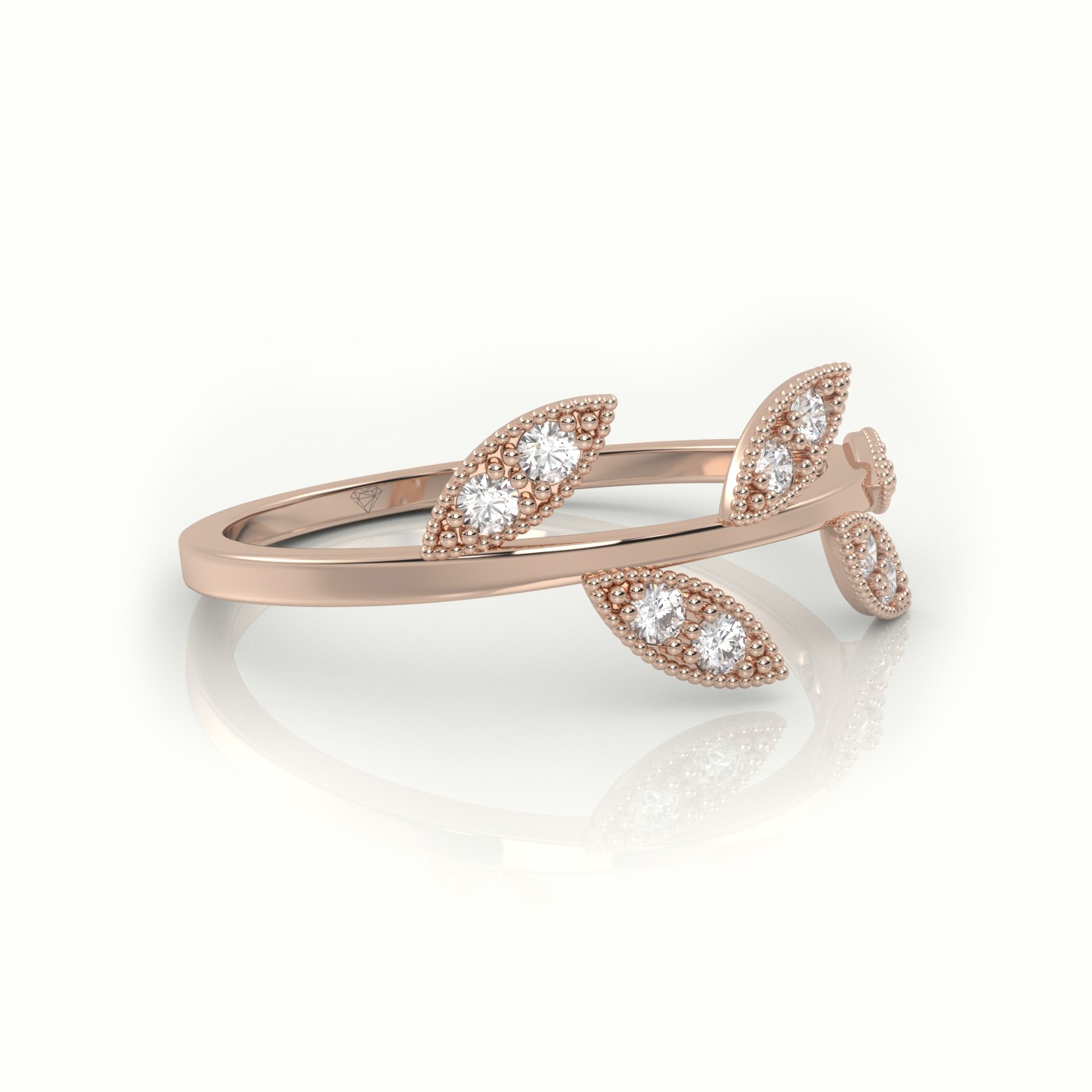 18k rose gold  round cut diamond leaf design milgrain setting ring Photos & images