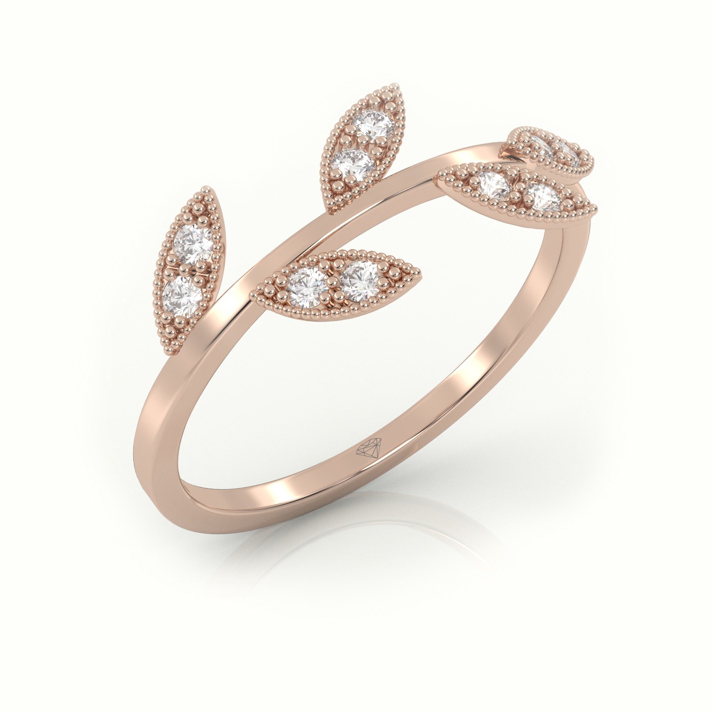 18k rose gold  round cut diamond leaf design milgrain setting ring Photos & images