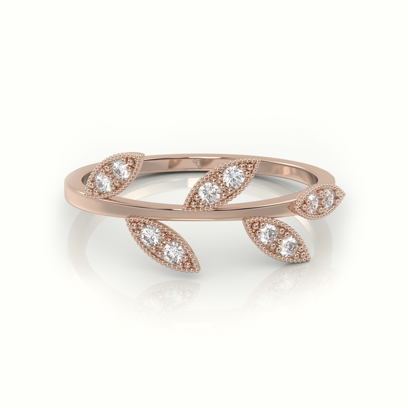 18k rose gold  round cut diamond leaf design milgrain setting ring