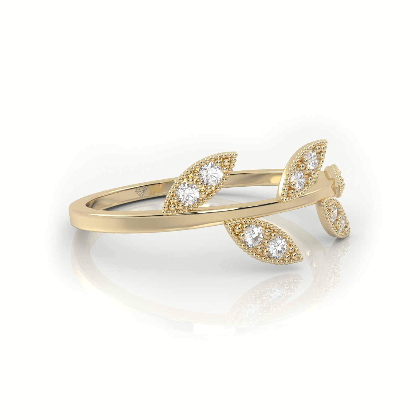 18k yellow gold  round cut diamond leaf design milgrain setting ring Photos & images