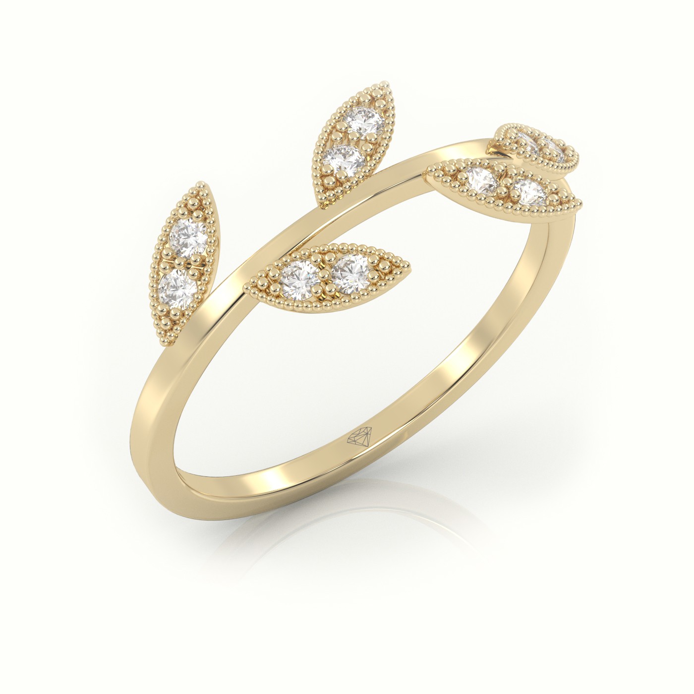 18k yellow gold  round cut diamond leaf design milgrain setting ring Photos & images