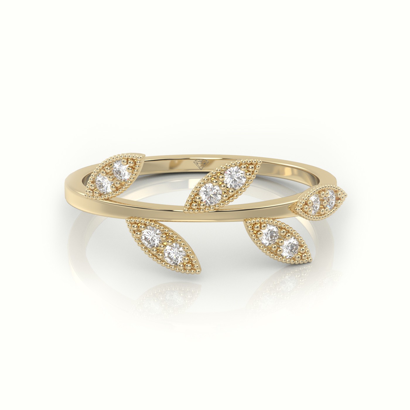 18k yellow gold  round cut diamond leaf design milgrain setting ring