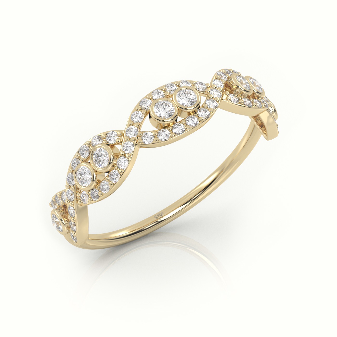 18k yellow gold  round cut diamond bezel infinity style designer ring Photos & images