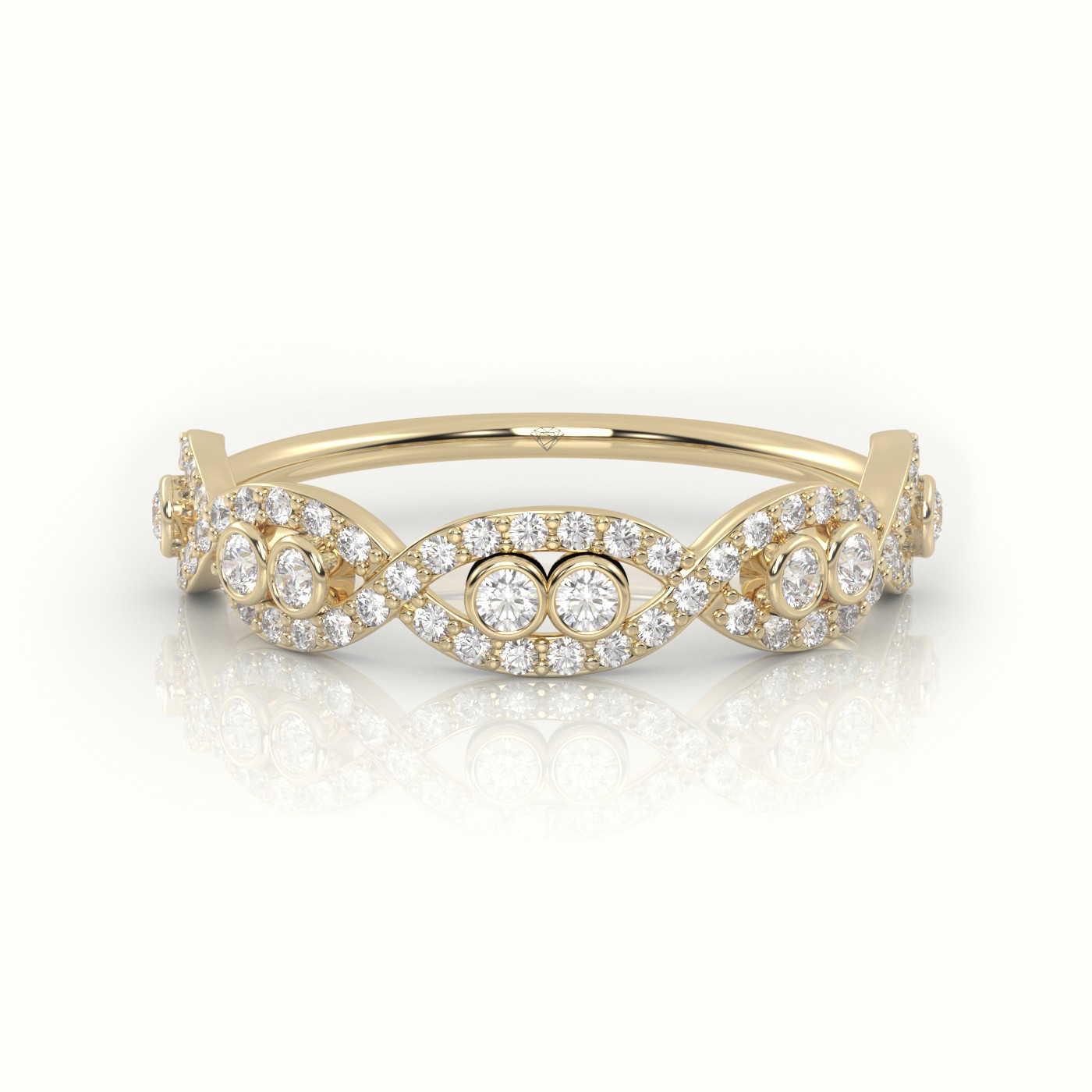 18k yellow gold round cut diamond bezel infinity style designer ring
