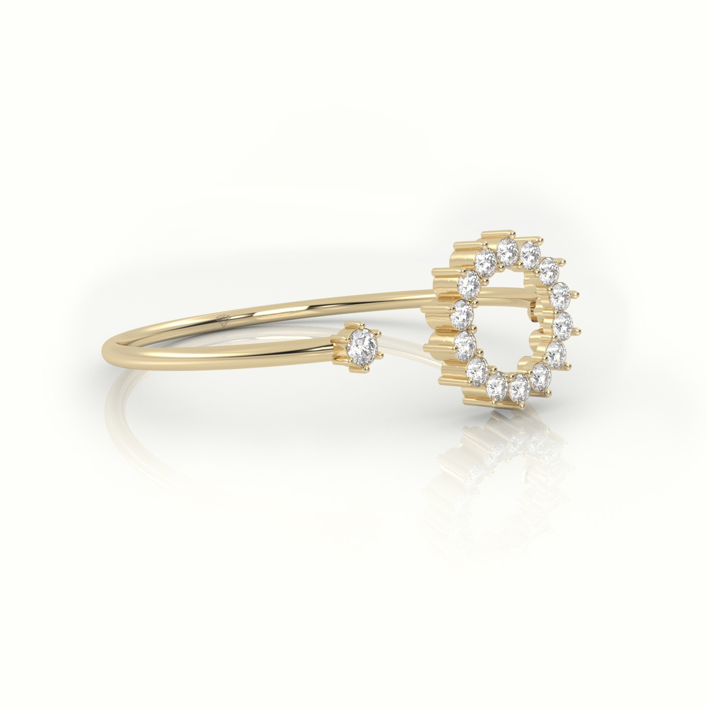 18k yellow gold  round cut diamond floral halo open setting designer ring Photos & images