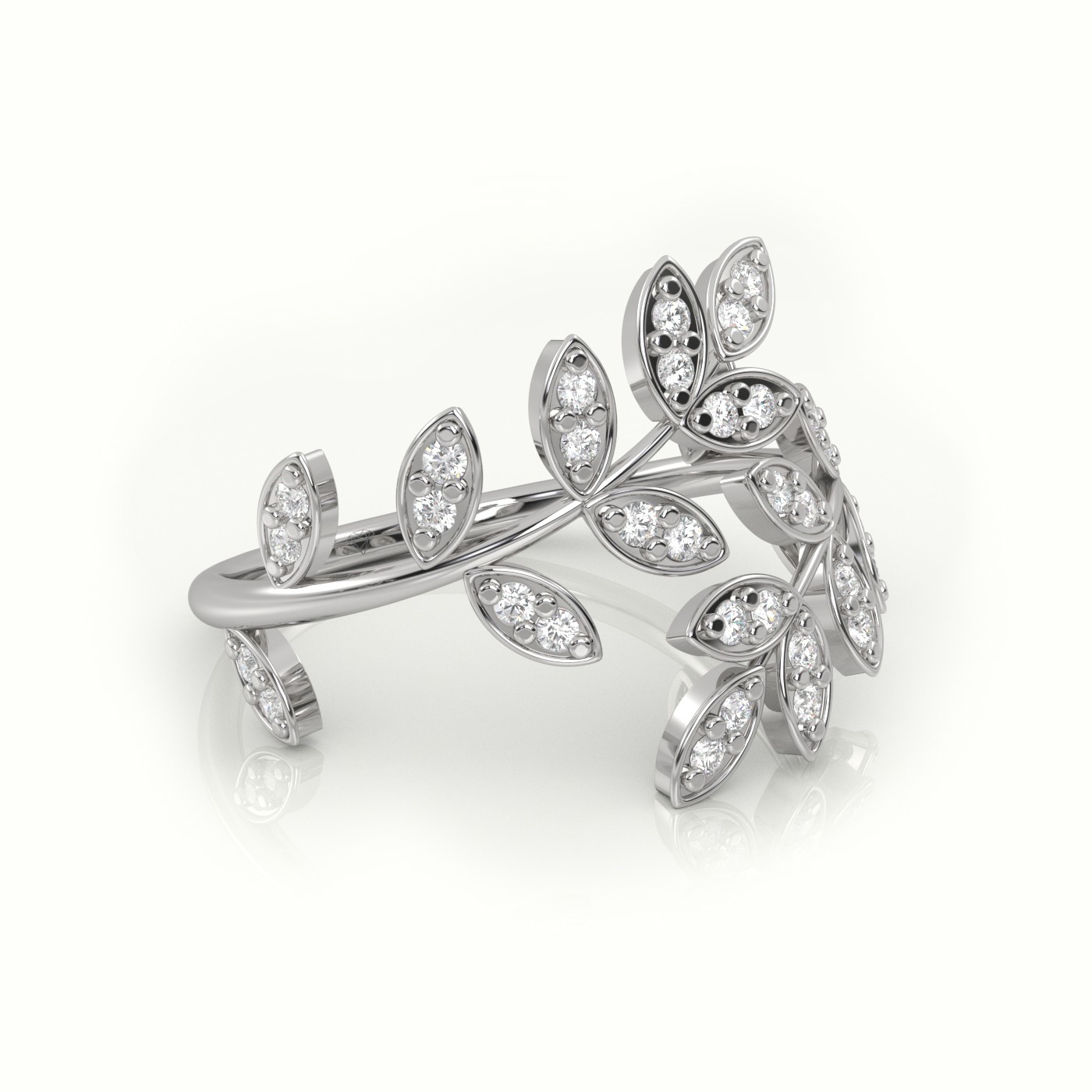 18k white gold  round cut diamond leaf style designer ring Photos & images