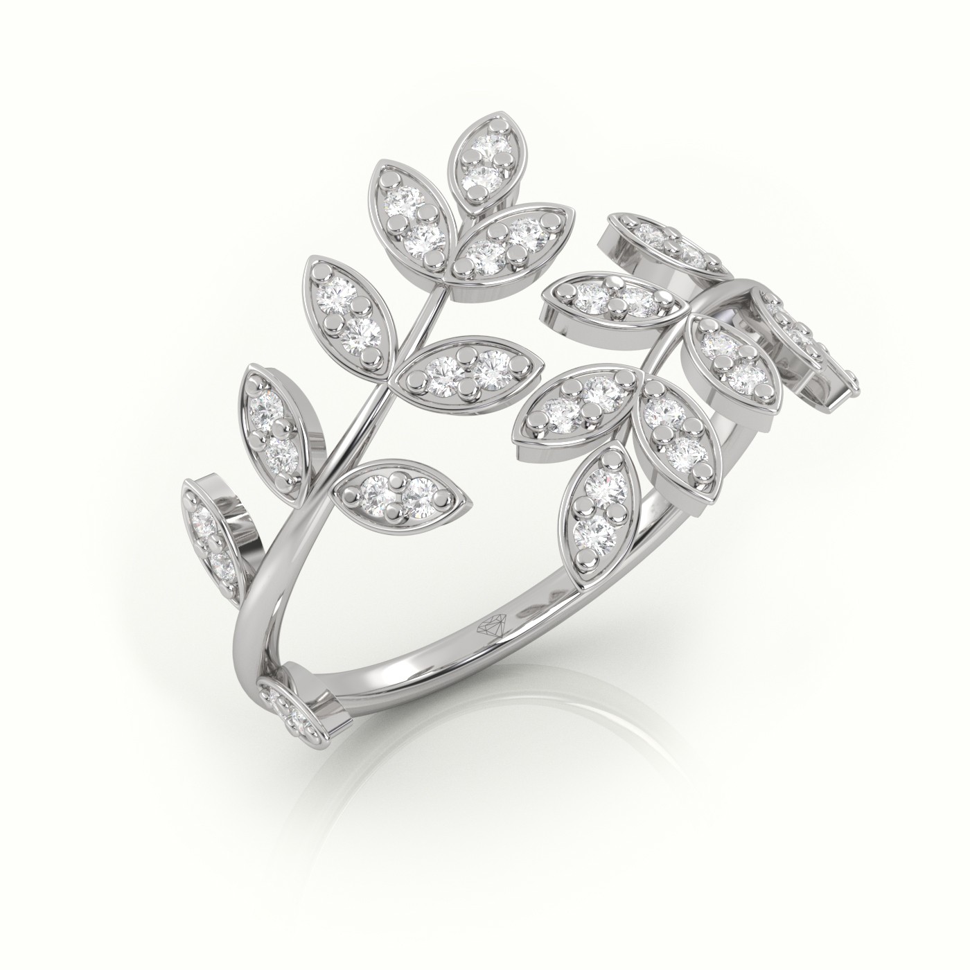 18k white gold  round cut diamond leaf style designer ring Photos & images